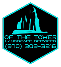 Logo for "Of The Tower Landscape Services" with mountain silhouette, teal on black, phone number (970) 309-3216.