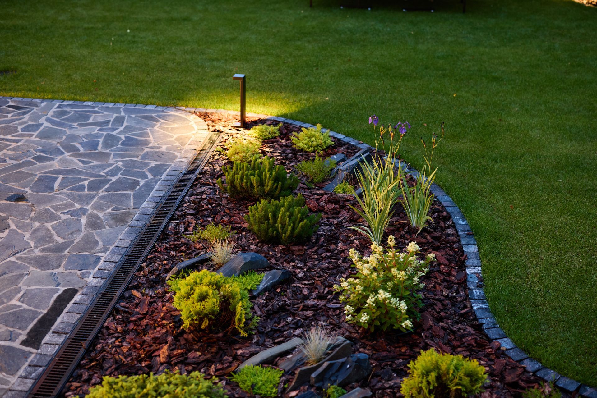 Lush garden bed with dark mulch, various green plants, and a glowing landscape light, next to a stone path and lawn.