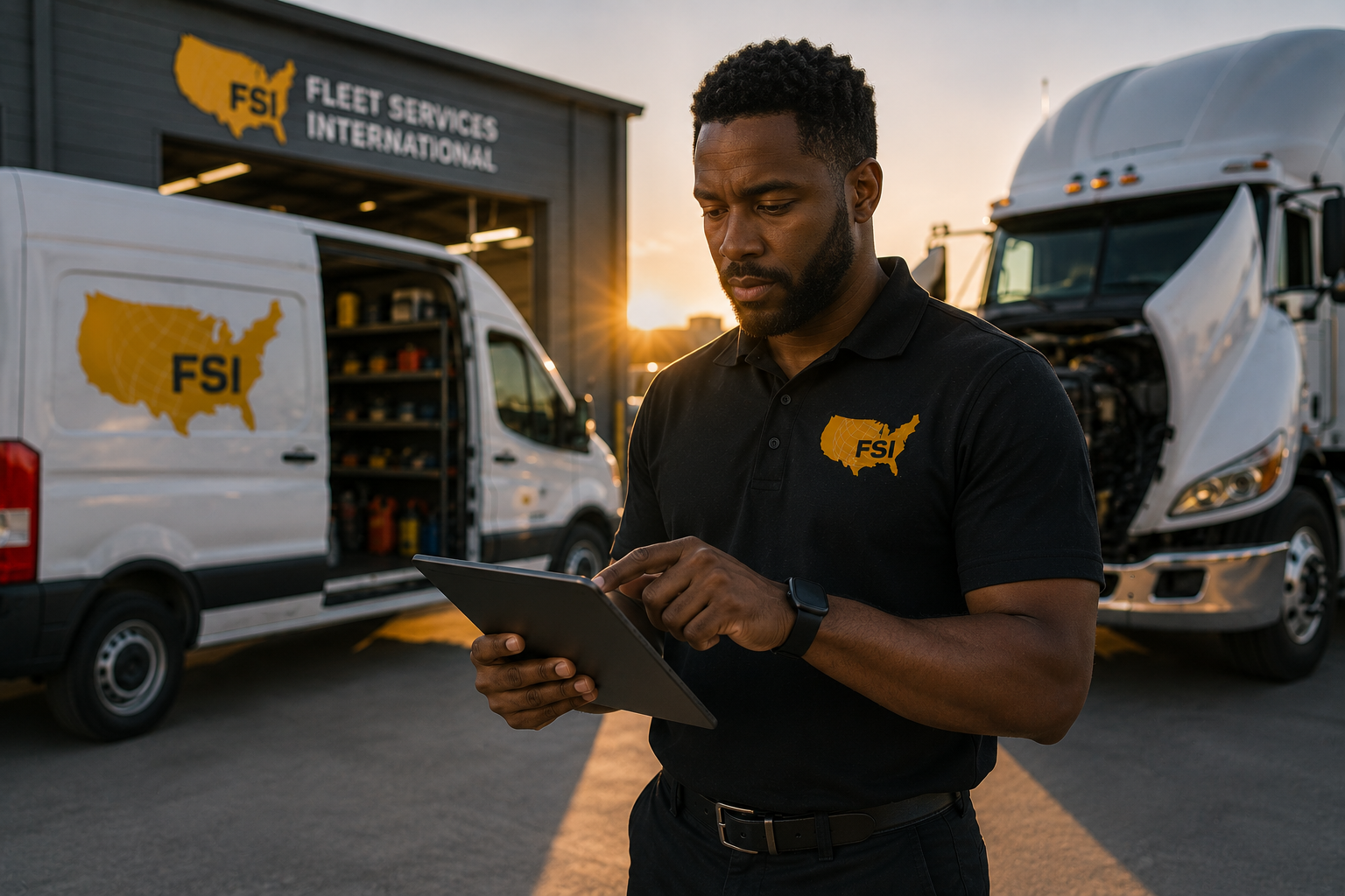 Fleet services worker using a tablet beside a branded truck and van in a depot