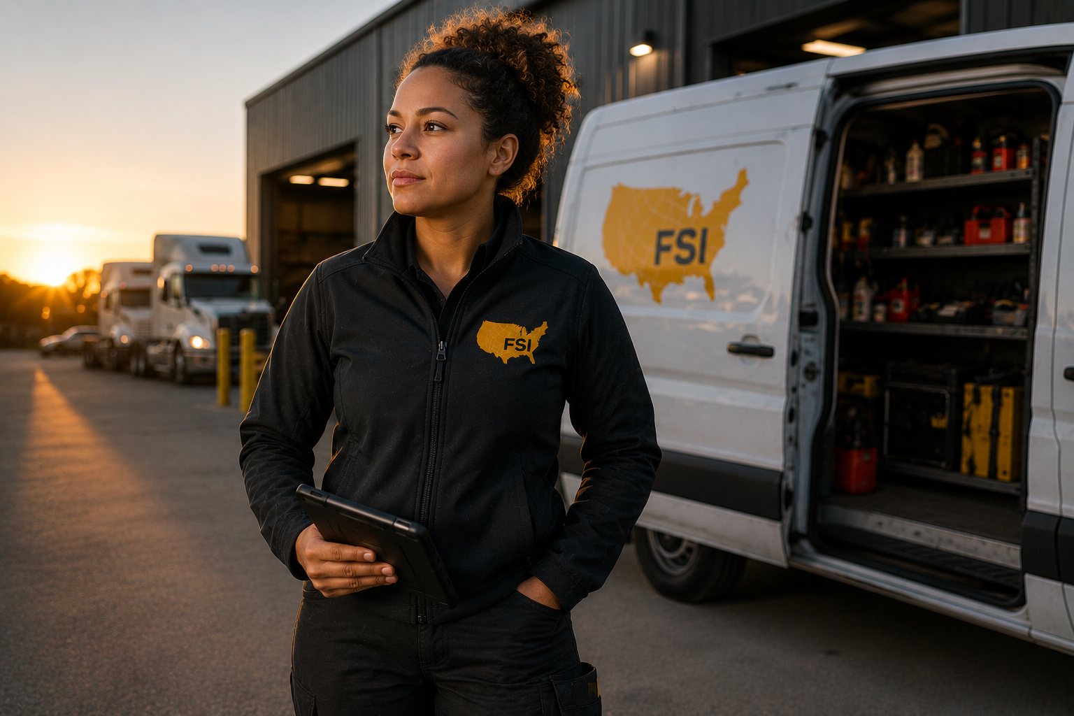 Person in black jacket holding a tablet beside a FSI van at sunset