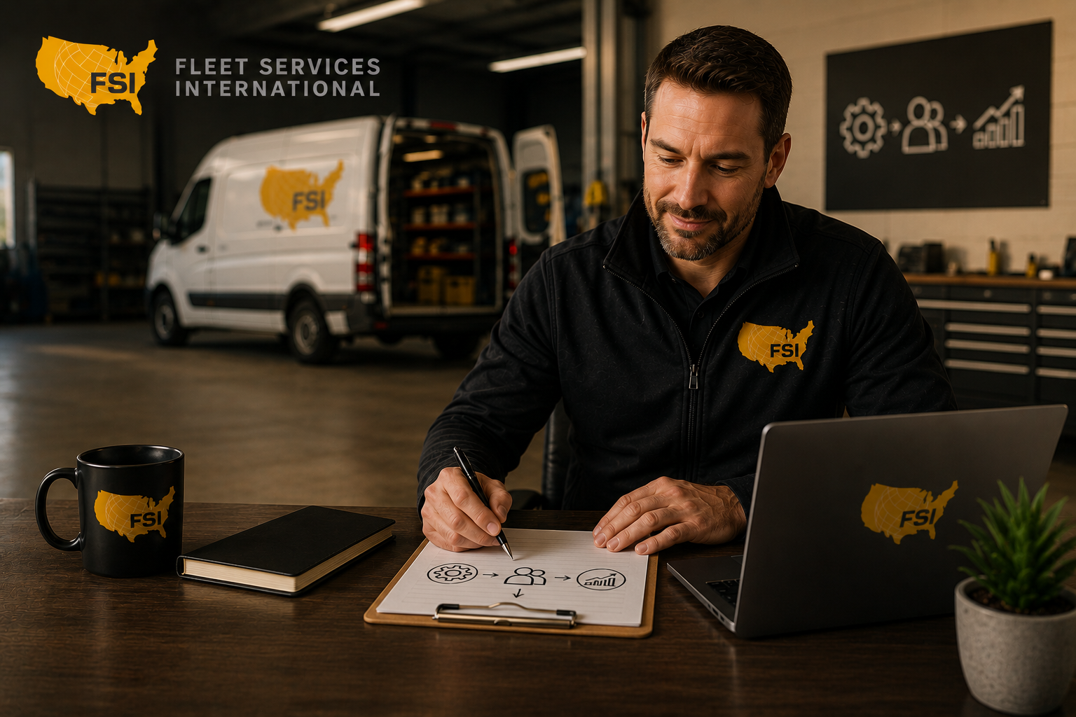 Fleet Services International technician reviewing plans at a desk beside a van in a garage office