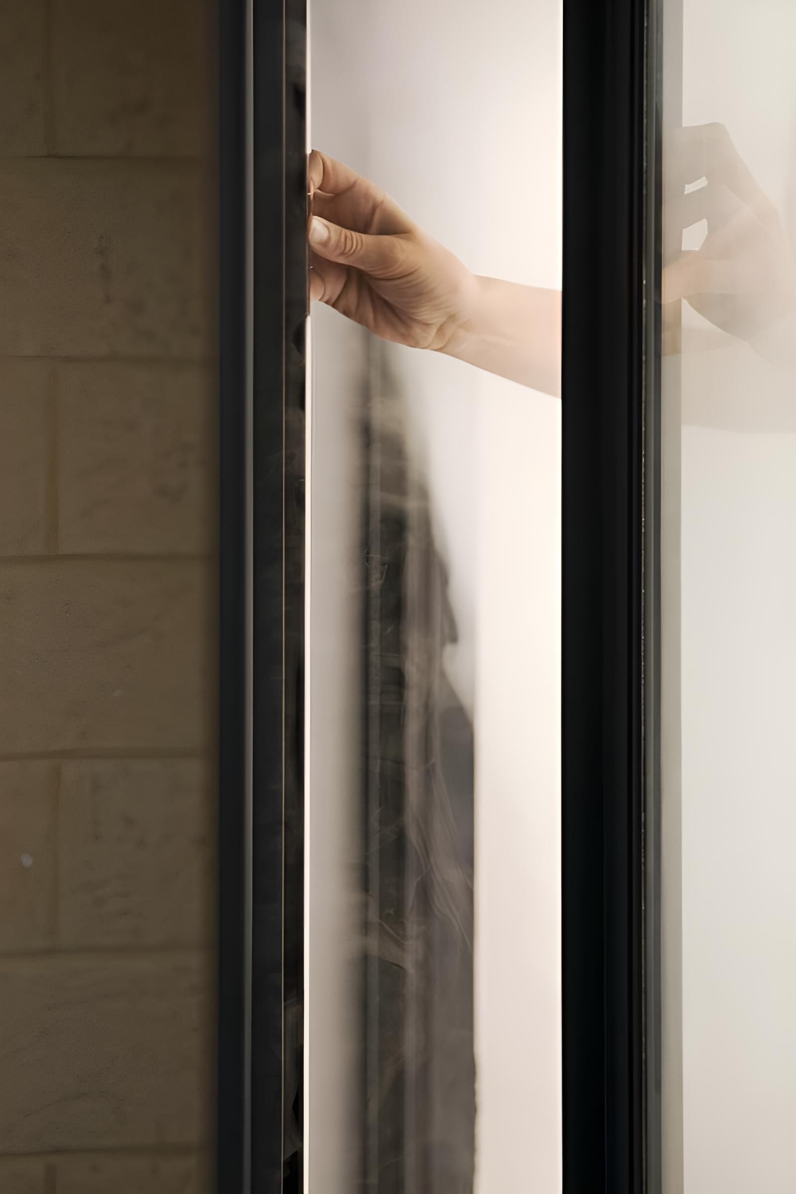 A Person is Opening a Glass Door With Their Hand — Clearshield Security Screens in Wollongong, NSW