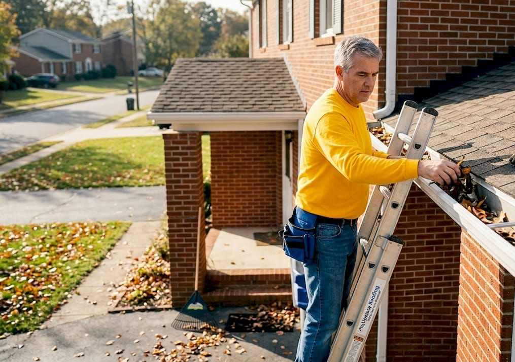 Worker in yellow shirt cleaning roof gutters beside a brick house with a ladder nearby.