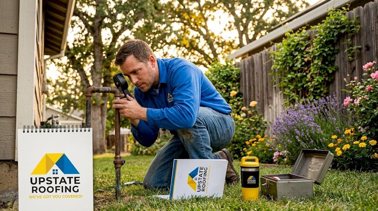 Roofing contractor inspecting a roof with tools in a leafy backyard, beside an Upstate Roofing sign and bucket