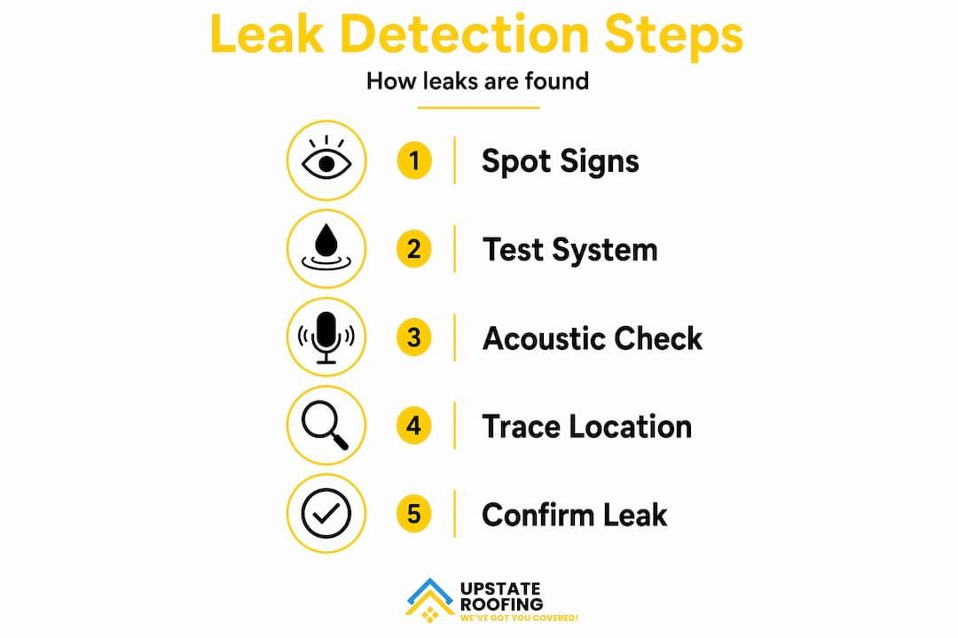 Leak Detection Steps infographic: 5-step checklist with yellow accents and icons for spotting signs, testing, and confirming leak