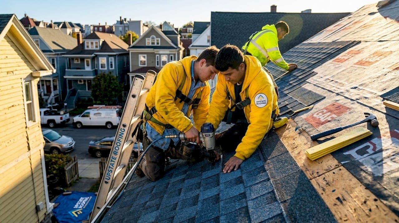 Roofers in yellow jackets installing shingles on a steep rooftop in a city neighborhood