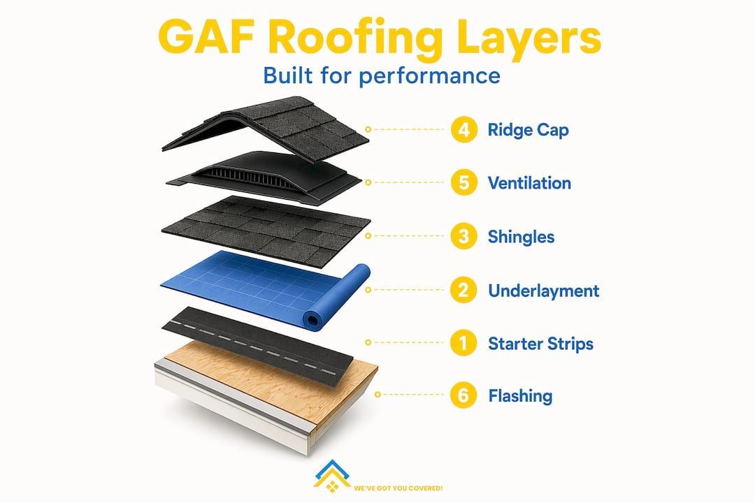 Exploded diagram of GAF roofing layers with labeled shingles, underlayment, starter strips, and flashing