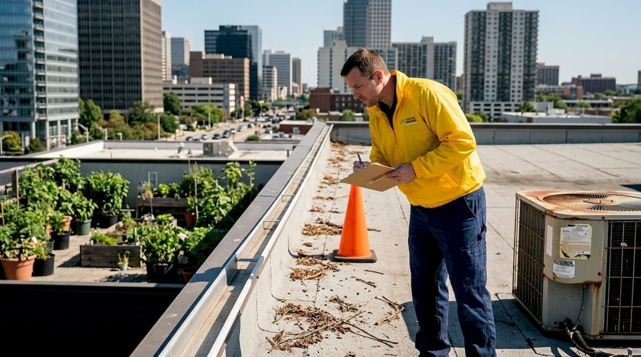 Man in yellow jacket inspecting rooftop with plants, orange cone, and city skyline in the background