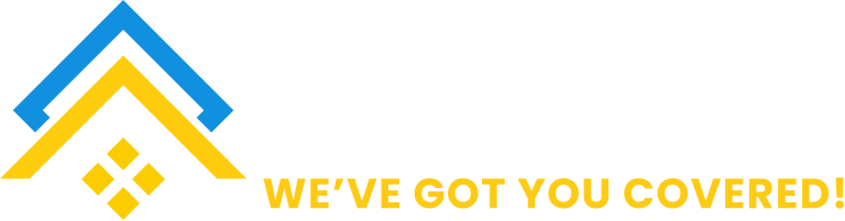 A logo featuring a blue and yellow roof icon and the slogan "WE'VE GOT YOU COVERED!" in yellow.