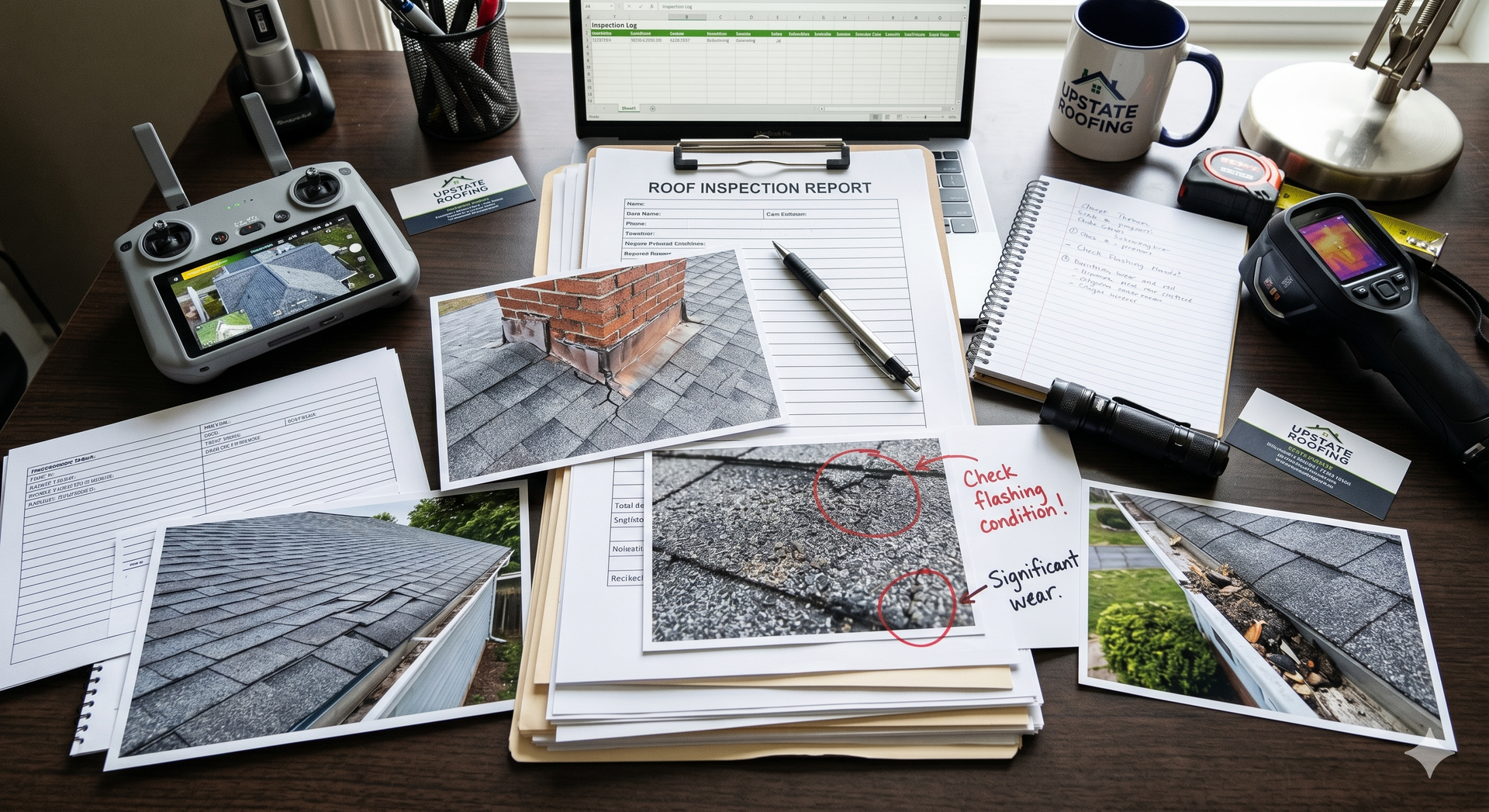 Desk with scattered architectural photos, papers, and notebooks around a laptop and pen holder.