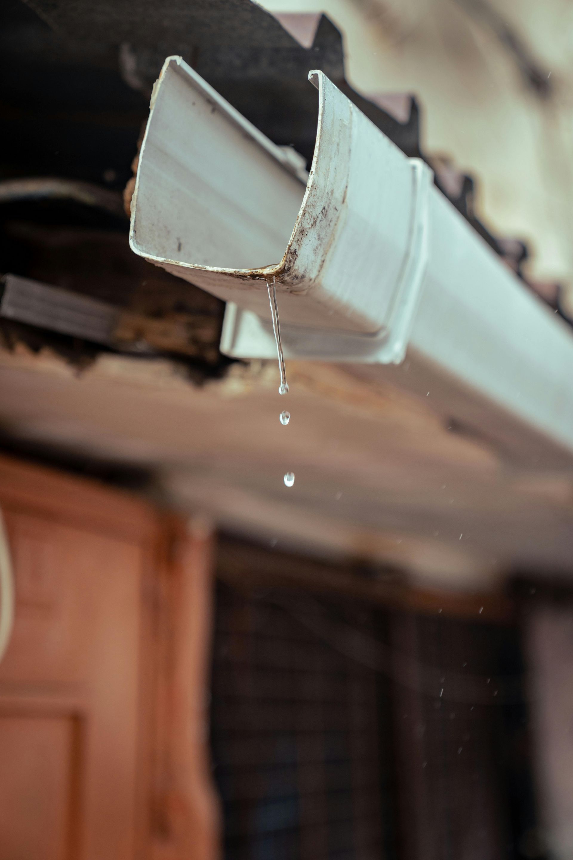 White gutter downspout dripping water from a roof edge indoors, with a wooden ceiling and wall below