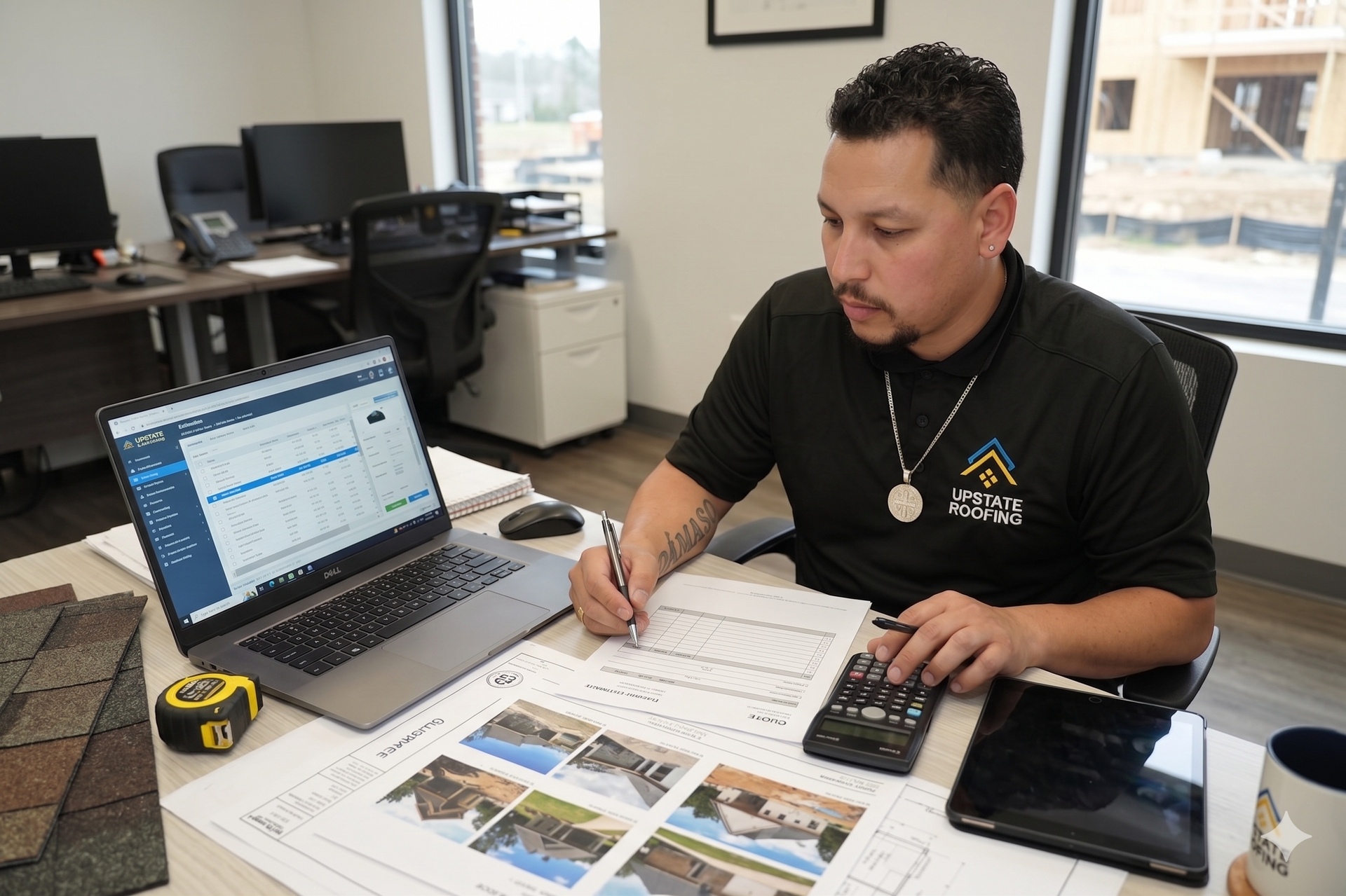 Man working at a desk with a laptop, paperwork, calculator, and phone in an office.