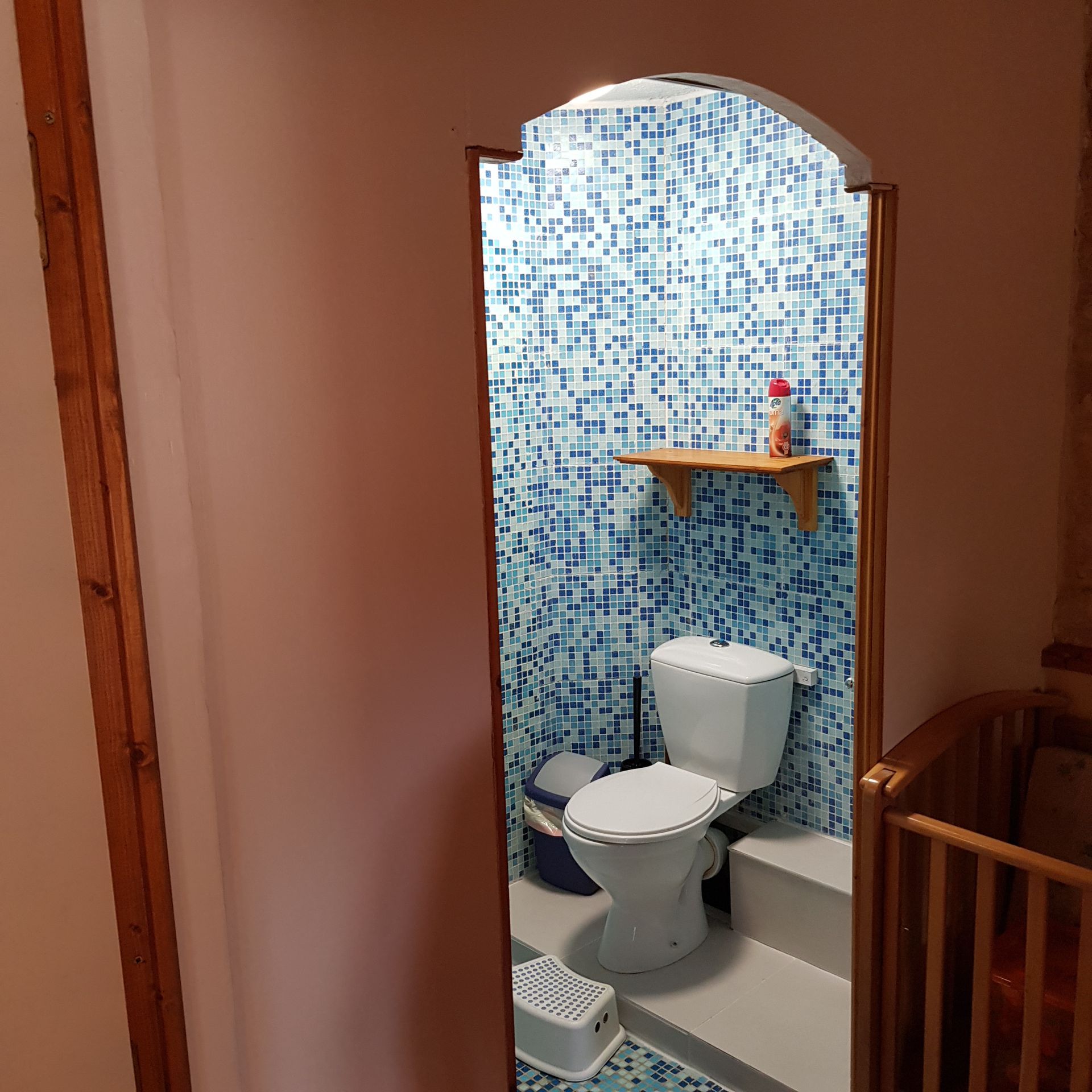 kijk door de boog van een wit toilet in een natte ruimte met blauwe en witte tegels