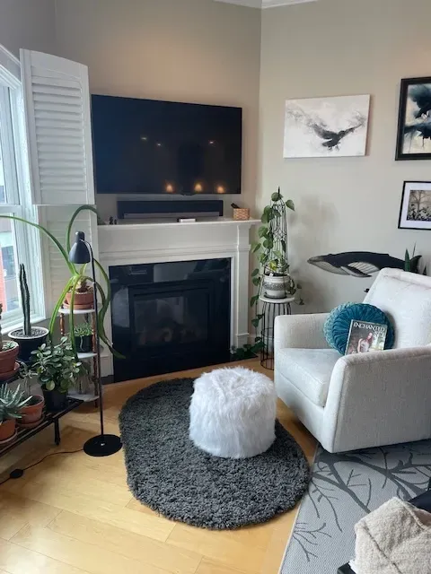 A living room with a fireplace and a flat screen tv