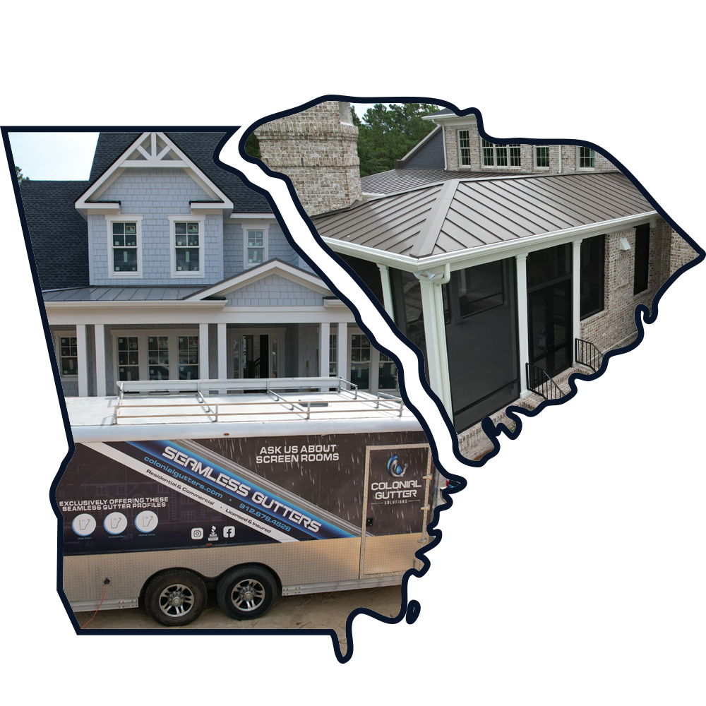 A collage of a house, trailer, and gutters in the shape of South Carolina, promoting seamless gutter services.