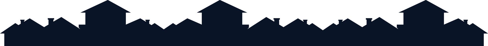 Silhouette of a town with pointed roofs against a white sky.