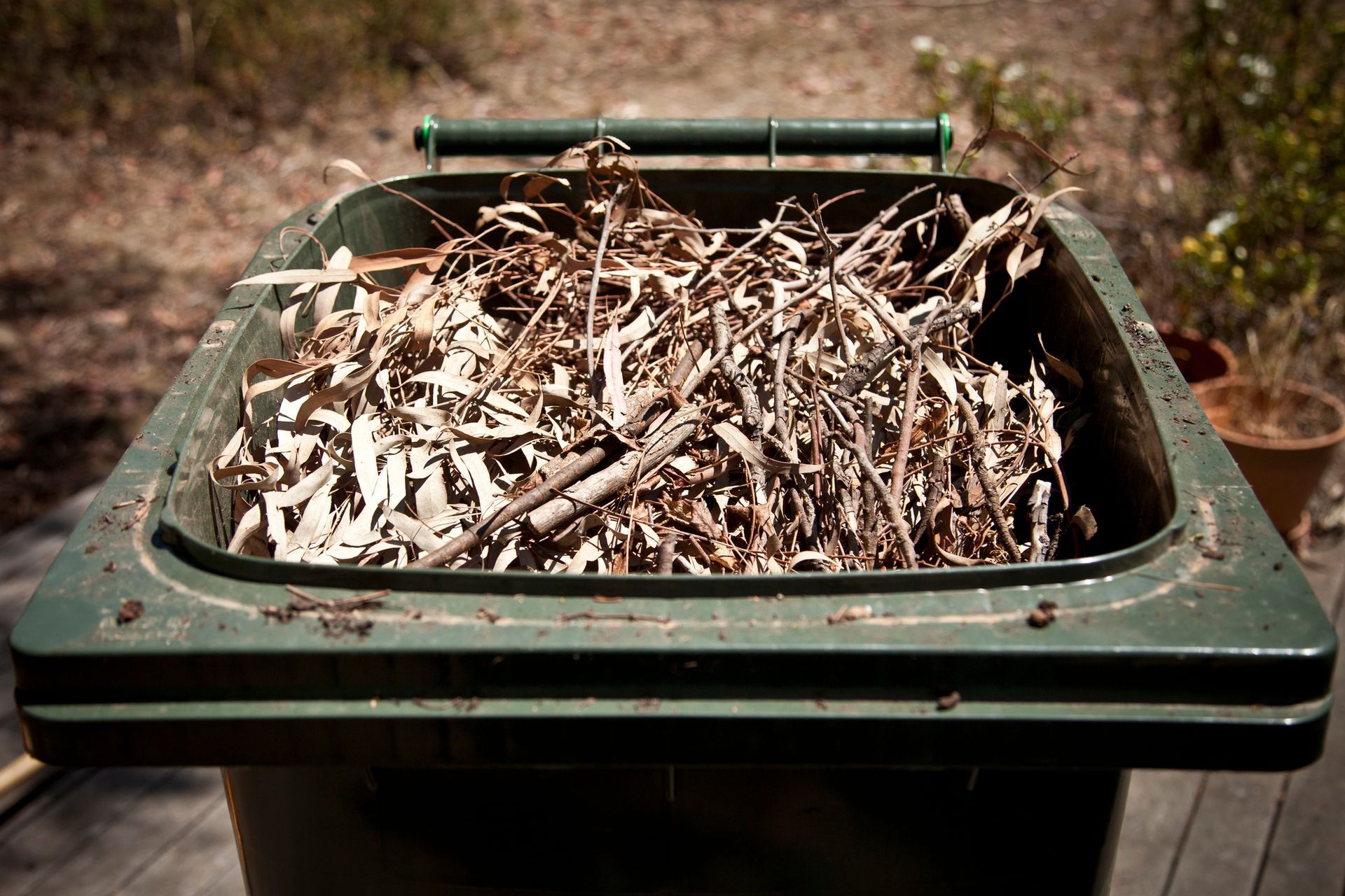 Green trash bin filled with dry leaves and twigs outdoors.
