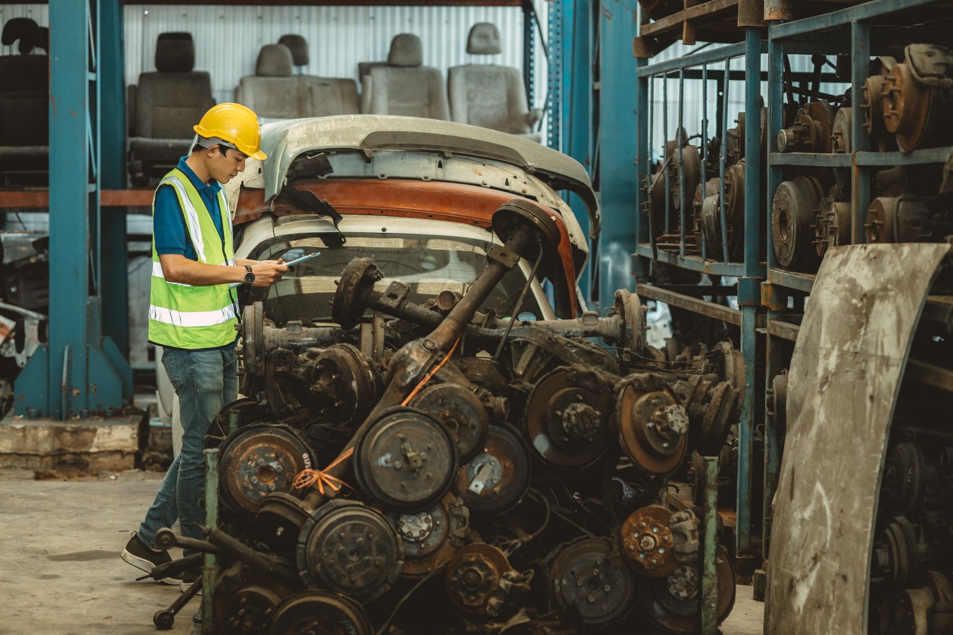 A scrap metal recycling services worker checking a pile of recycled metal in a junkyard.