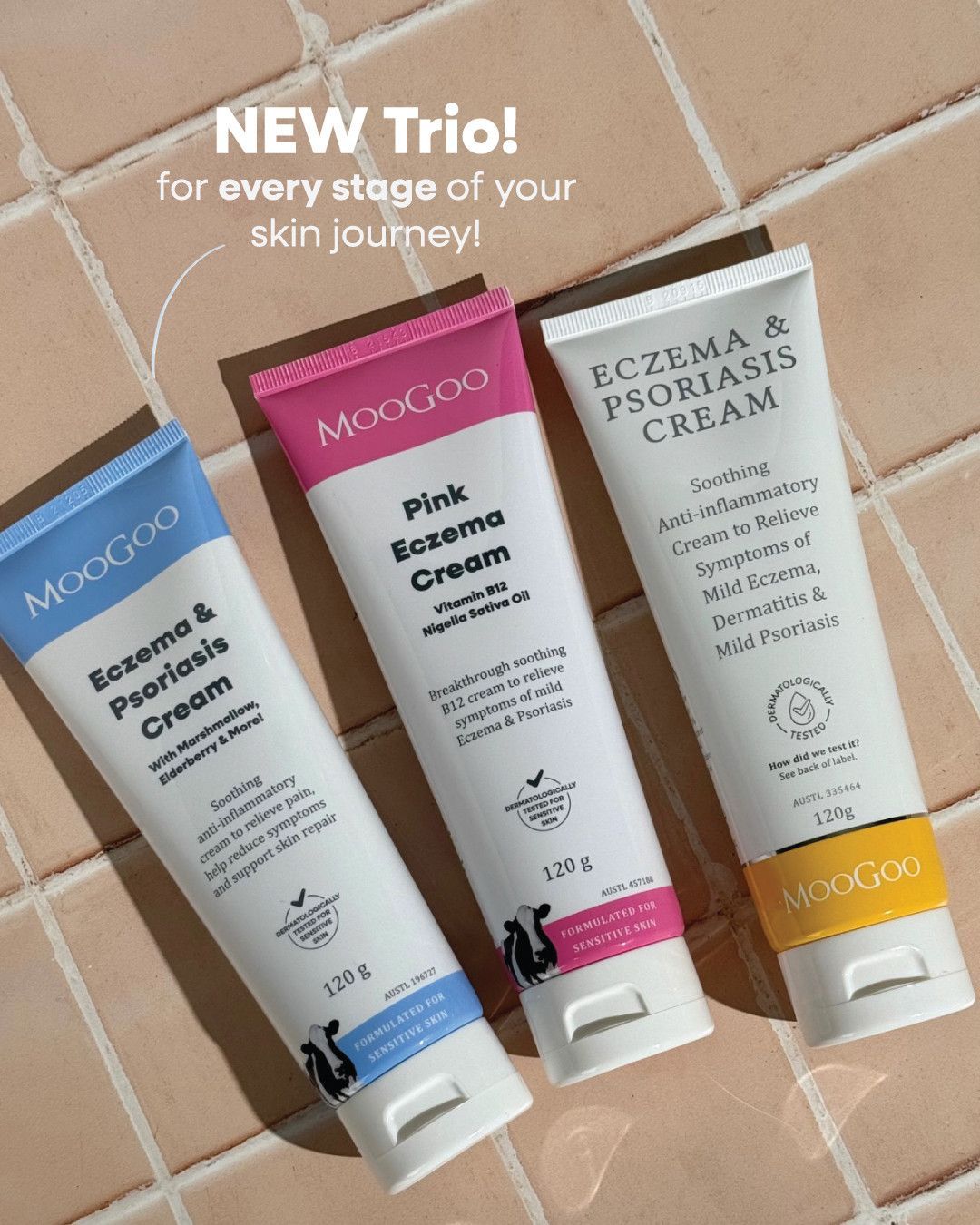 a Person is Holding Four Different Types of Moogoo Products — Warners Bay Pharmacy In Warners Bay, NSW