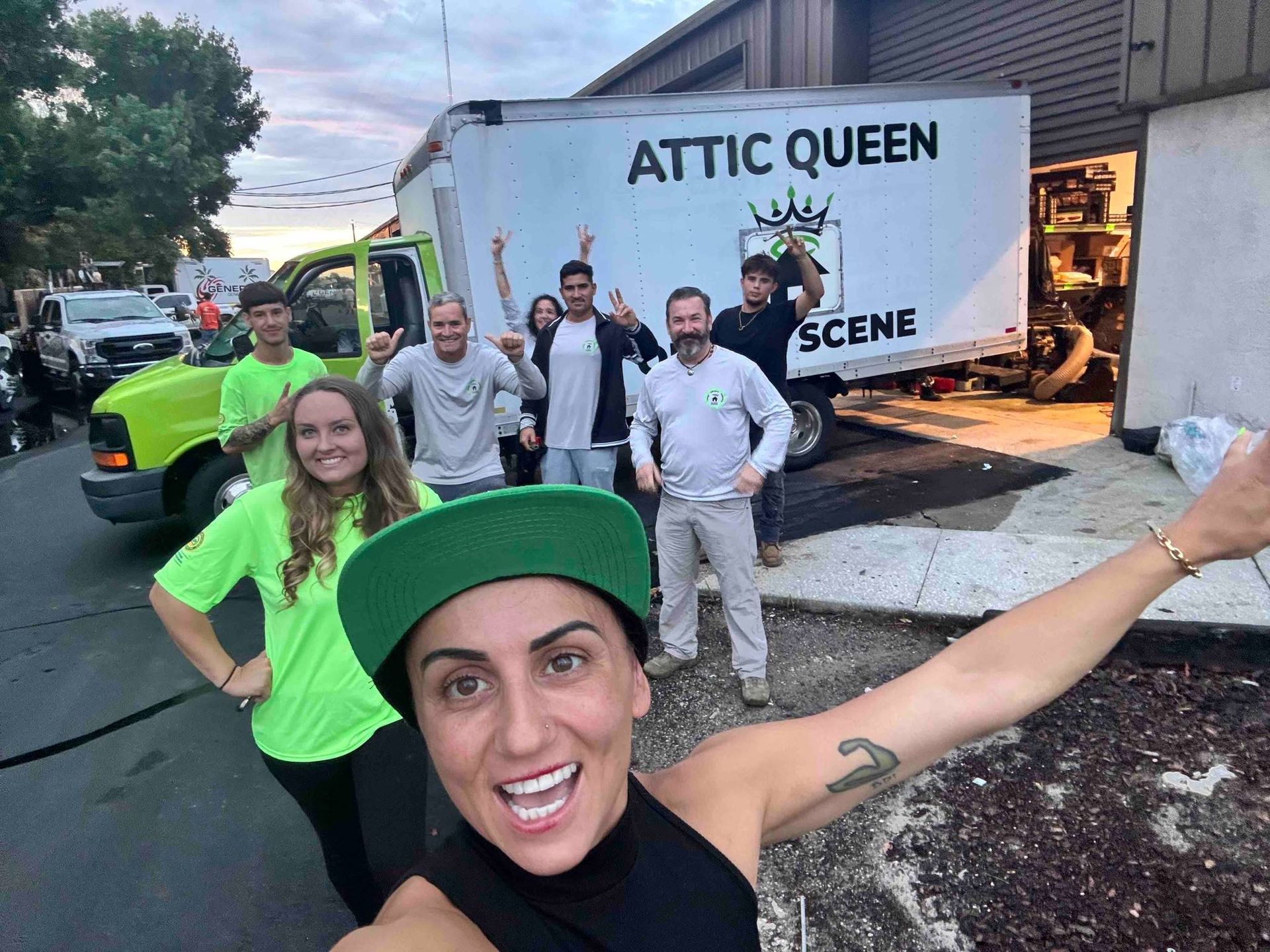 A group of people are posing for a picture in front of an attic queen truck.
