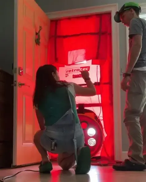 Two people conduct a blower door test. A red frame is attached to a door. Two people conduct a blower door test. A red frame is attached to a door.
