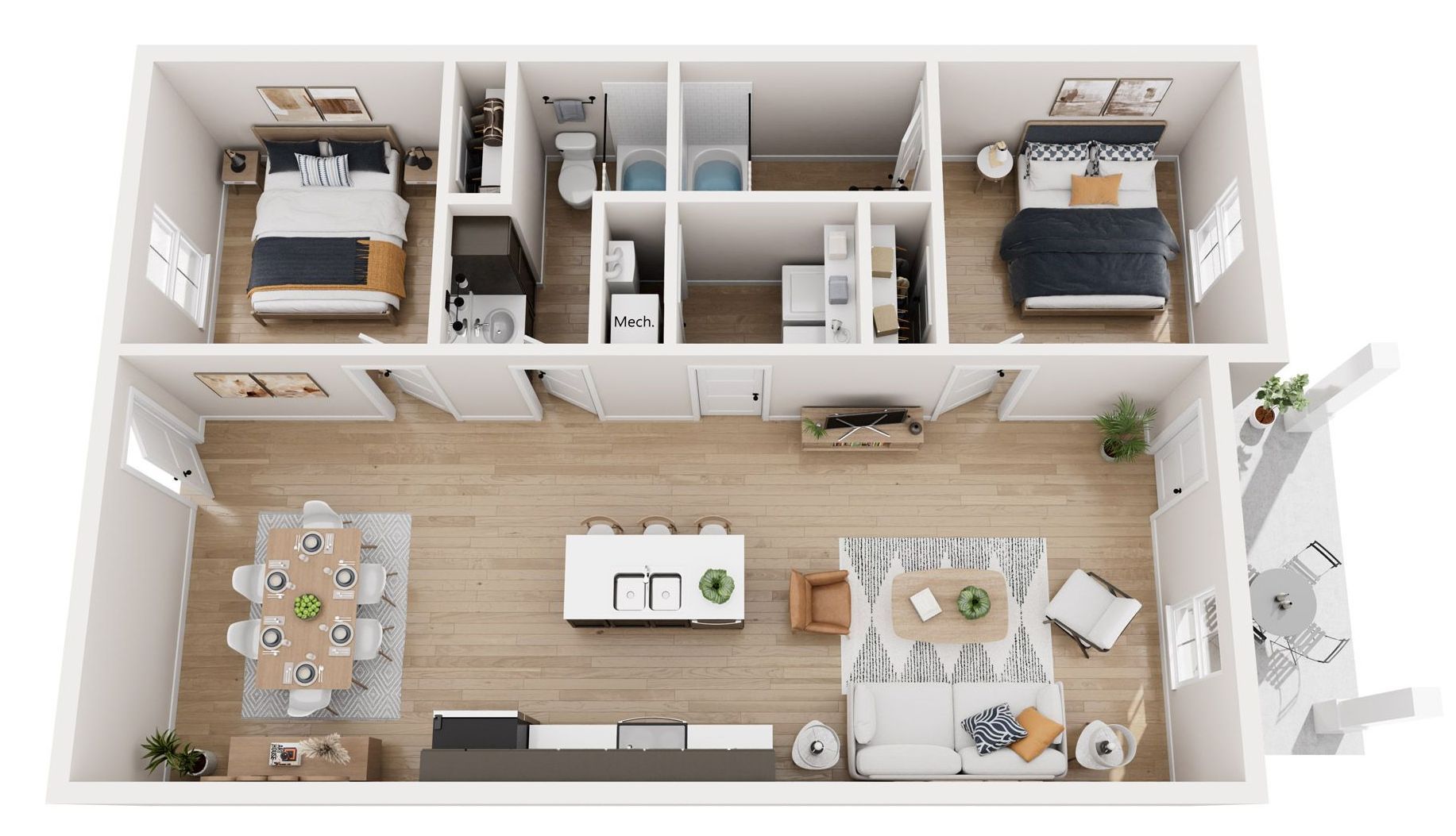 2 bedroom and 2 bathroom floorplan