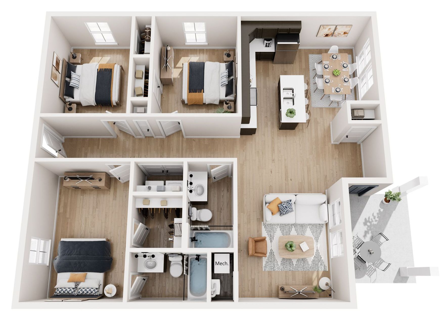 3 bedroom and 2 bathroom floorplan