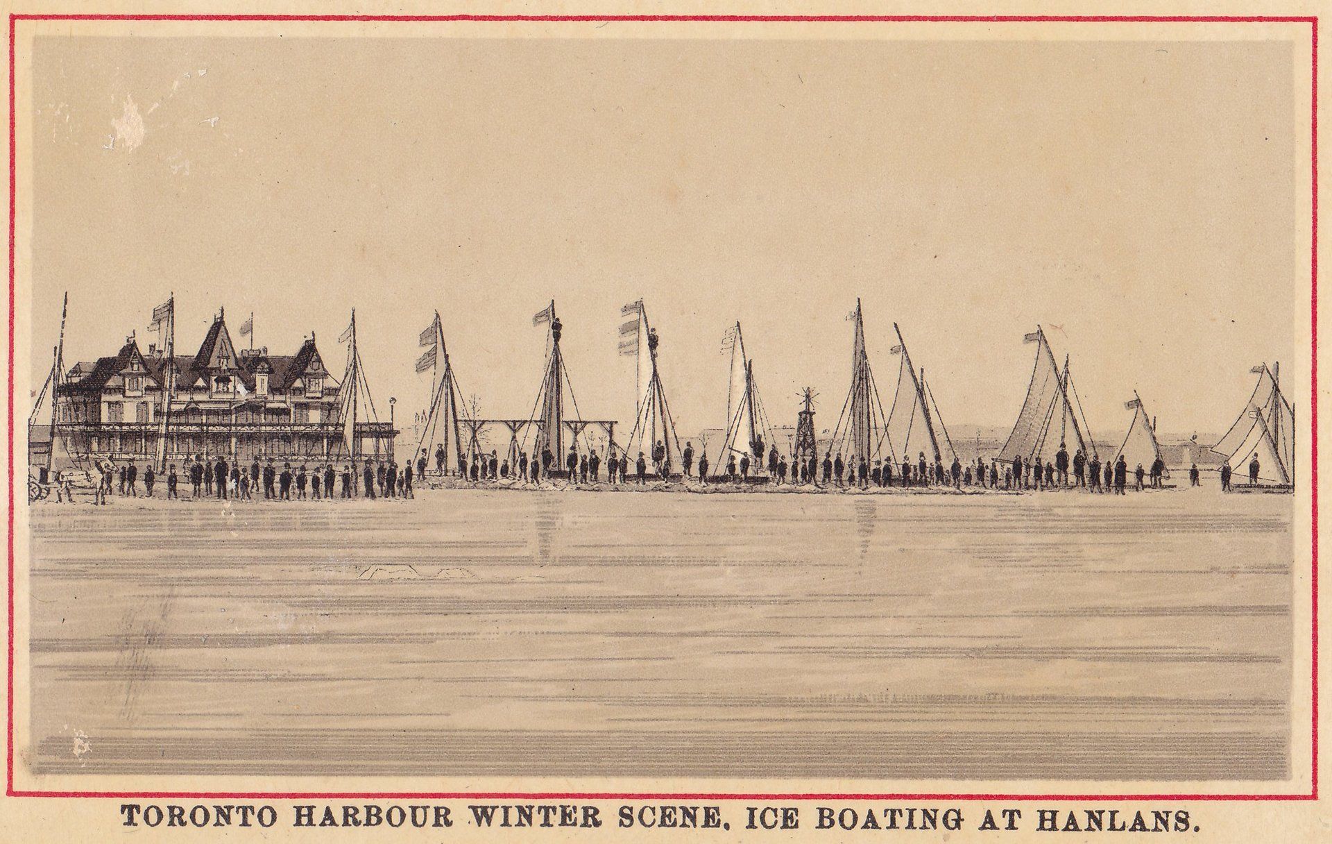 TORONTO HARBOUR WINTER SCENE. ICE BOATING AT HANLANS.