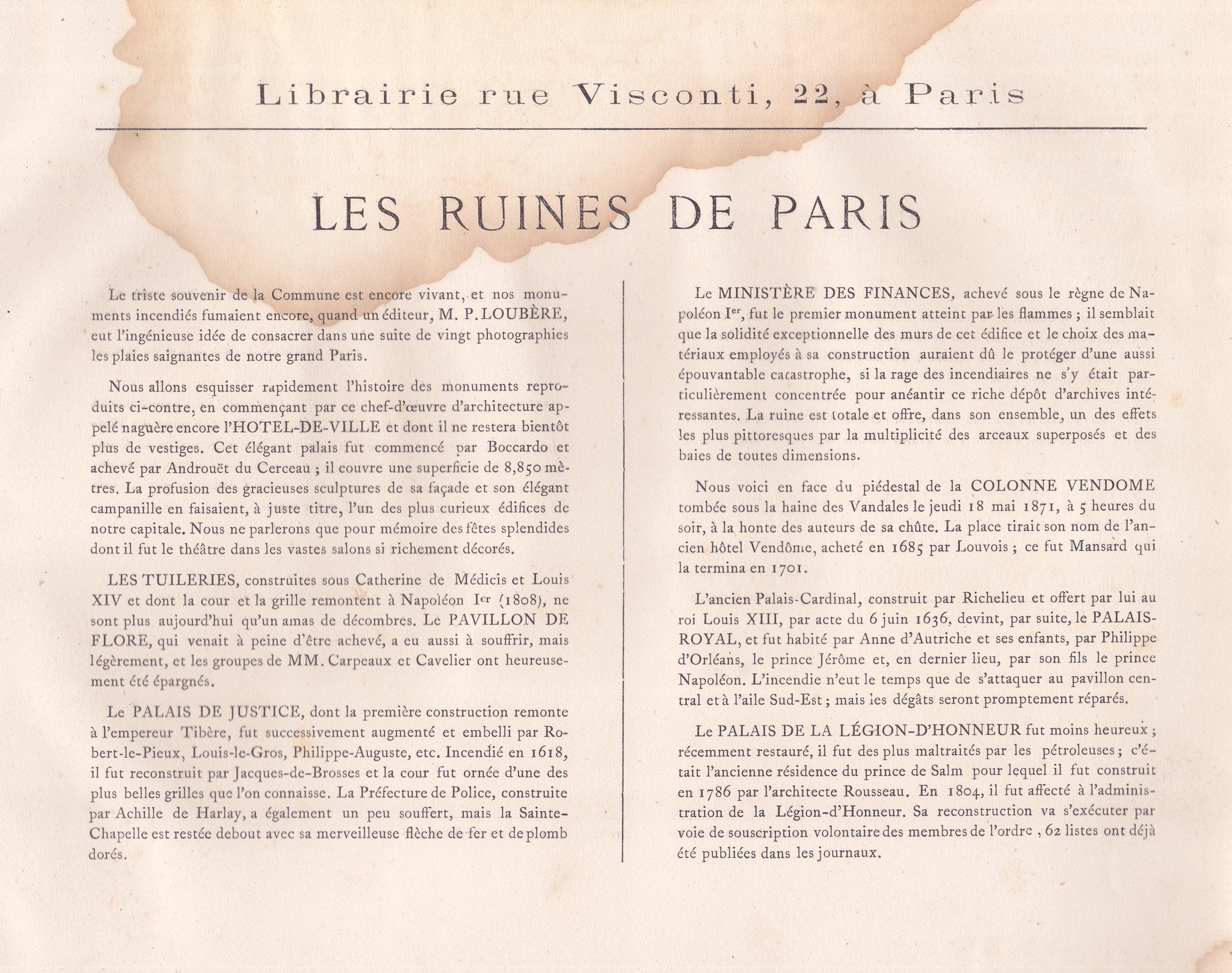 Librairie rue Visconti, 22, à Paris / LES RUINS DE PARIS