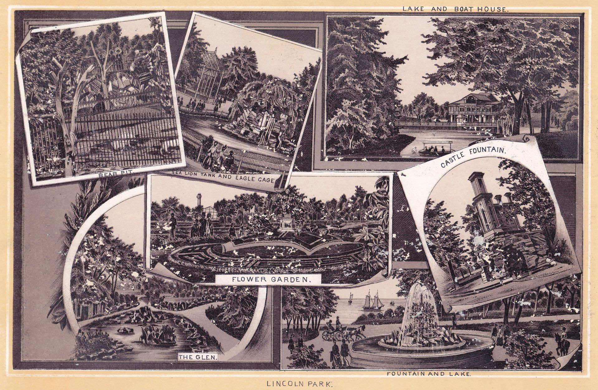 LINCOLN PARK. // LAKE AND BOAT HOUSE.   BEAR PIT.   SEA LION TANK AND EAGLE GAGE.  CASTEL FOUNTAIN.   FLOWER GARDEN.   THE GLEN.   FOUNTAIN AND LAKE. //