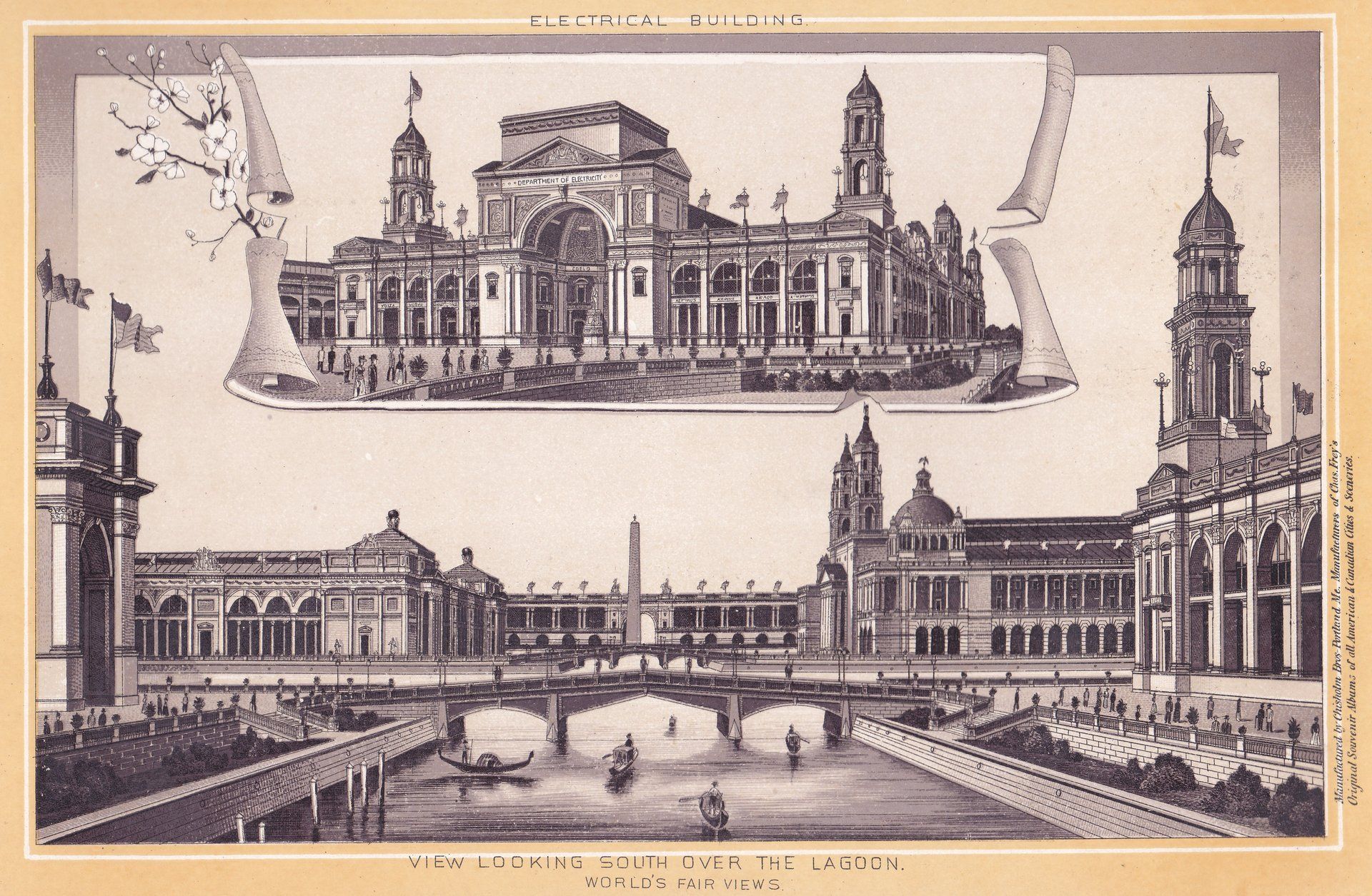 ELECTRICAL BUILDING.  VIEW LOOKING SOUTH OVER THE LAGOON.     manufactured by Chisholm Bros-Portland Me. Manufacturers of Chas. Frey’s Original Souvenir Albums of All American & Canadian Cities & Sceneries.