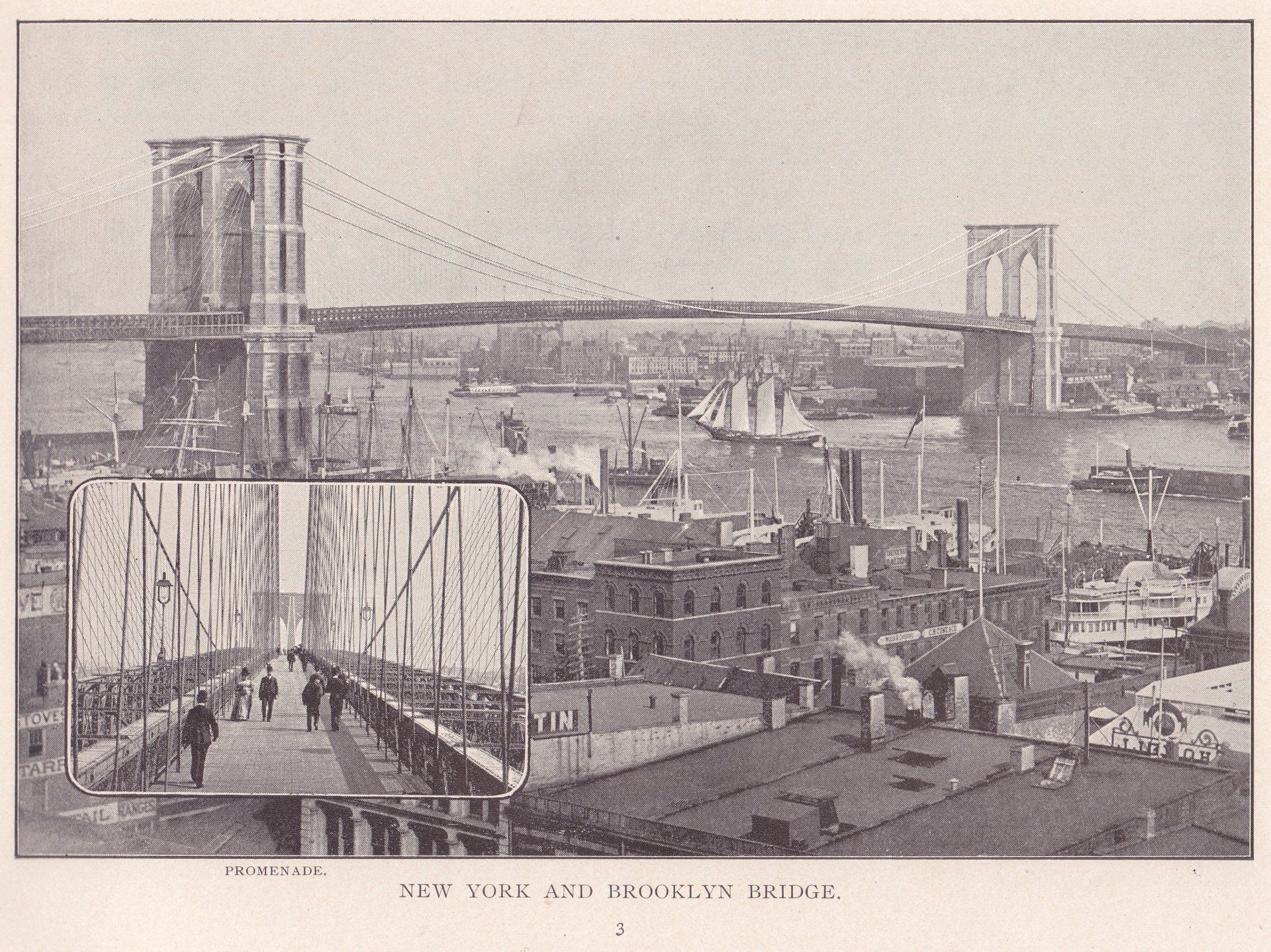 NEW YORK AND BROOKLYN BRIDGE.  PROMENADE. (in the lower left frame)