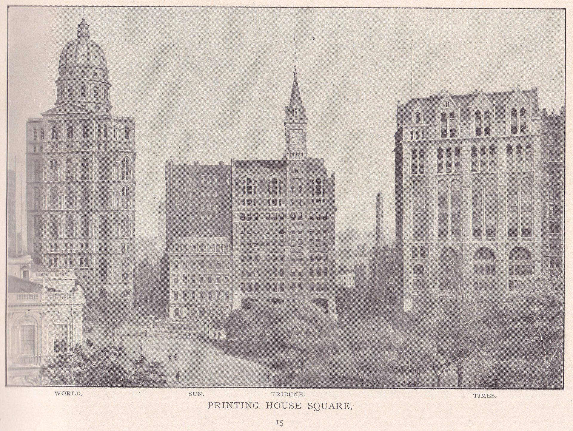 PRINTING HOUSE SQUARE.  WORLD.  SUN.  TRIBUNE.  TIMES.