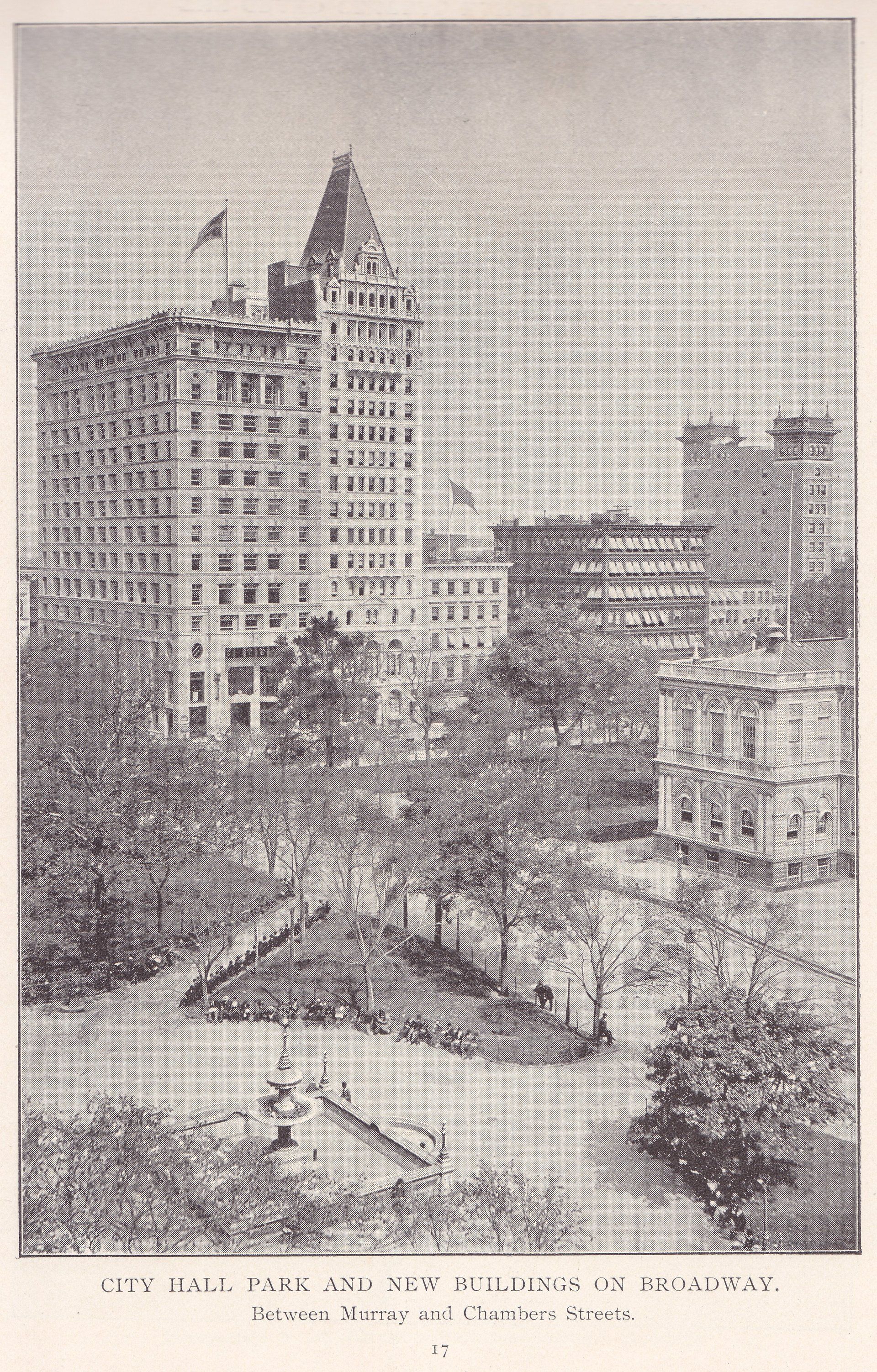 CITY HALL PARK AND NEW BUILDINGS ON BROADWAY. Between Murray and Chambers Streets.