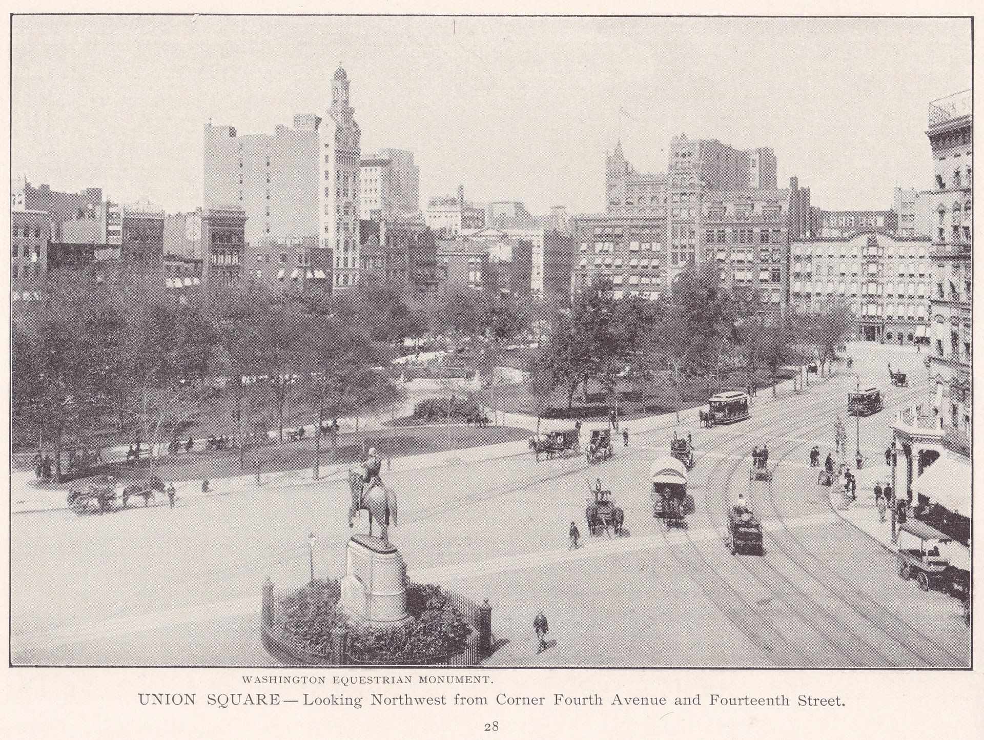 UNION SQUARE - Looking Northwest from Corner Fourth Avenue and Fourteenth Street.  WASHINGTON EQUESTRIAN MONUMENT.