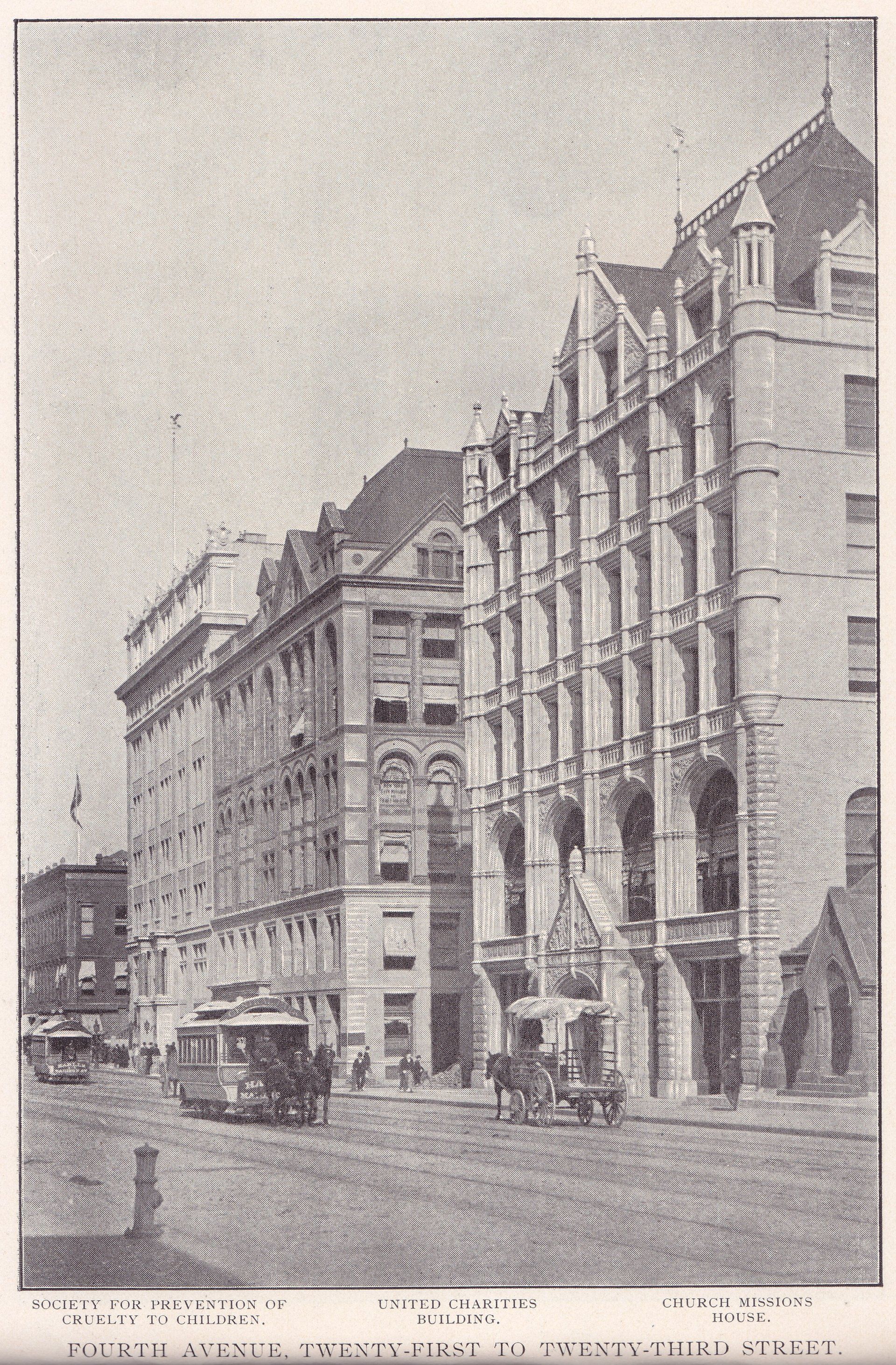 FOURTH AVENUE, TWENTY-FIRST TO TWENTY-THIRD STREET.  SOCIETY FOR PREVENTION OF CRUELTY TO CHILDREN.  UNITED CHARITIES BUILDING.  CHURCH MISSIONS HOUSE.