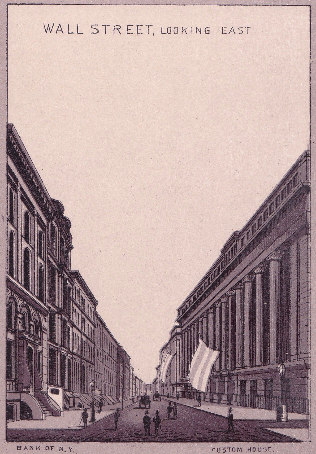 WALL STREET, LOOKING EAST.  BANK OF N. Y.   CUSTOM HOUSE.