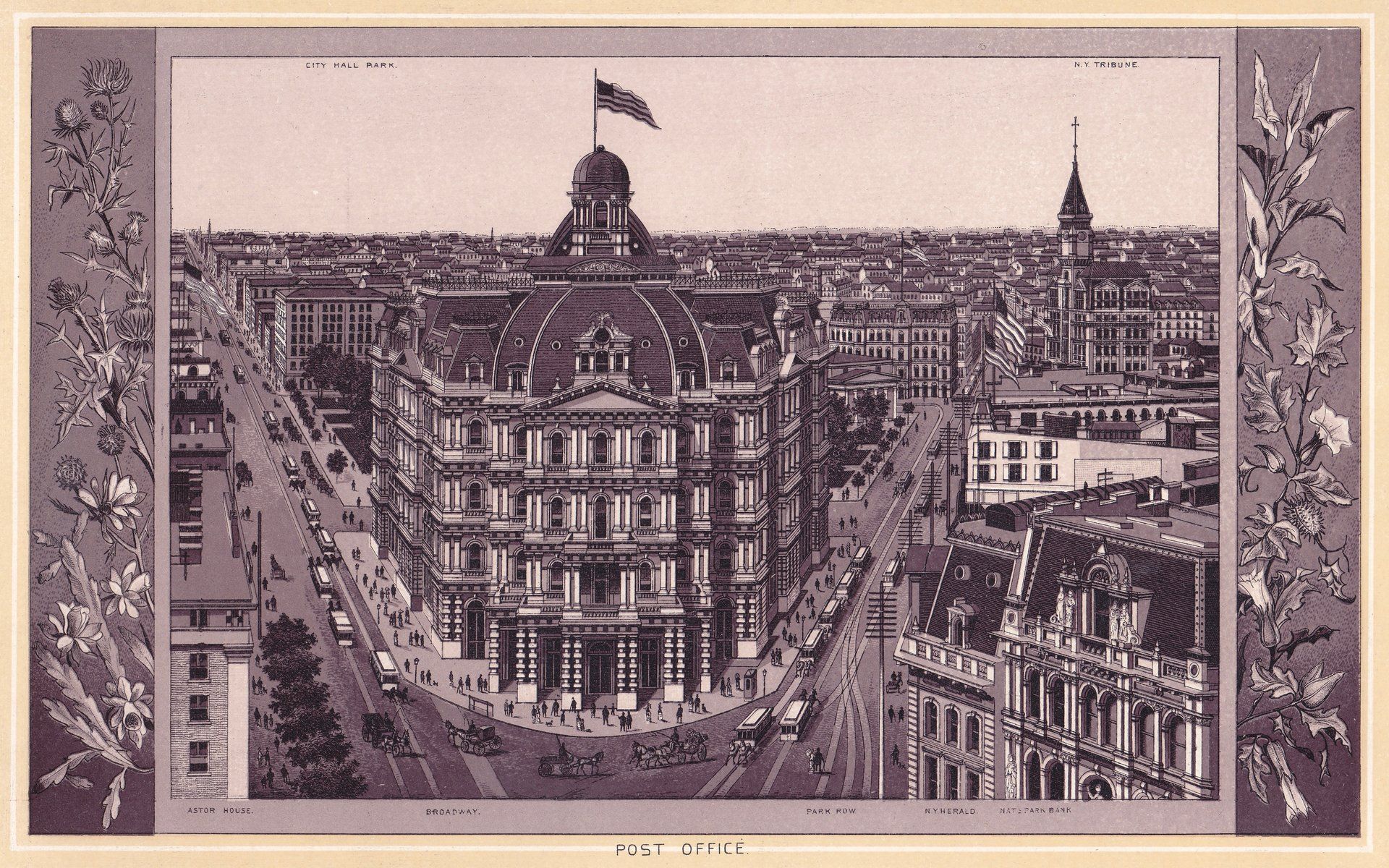 POST OFFICE.  CITY HALL PARK.  N. Y. TRIBUNE.  ASTOR HOUSE.  BROADWAY.  PARK ROW.  N. Y. HERALD.  NAT. PARK BANK.