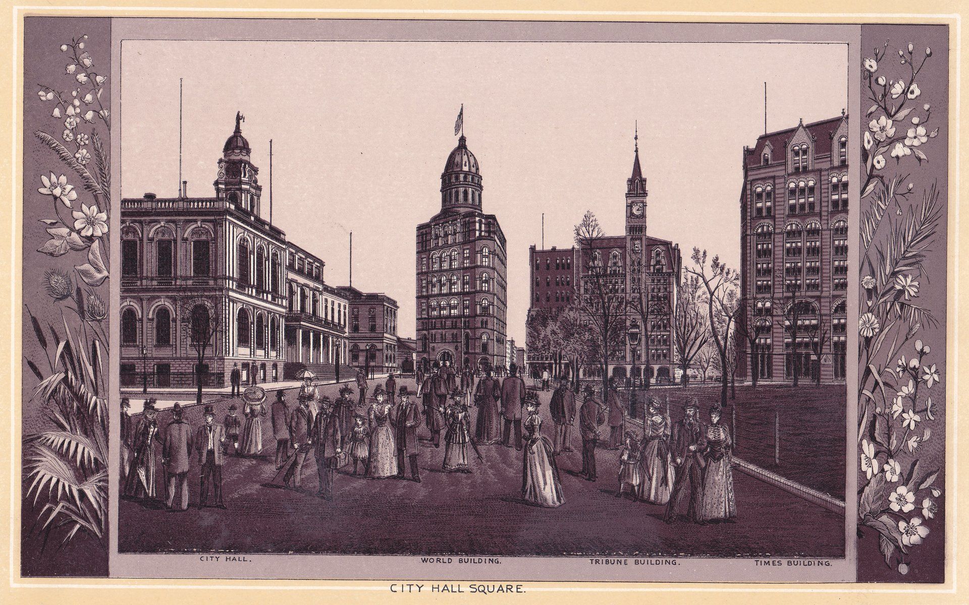 CITY HALL SQUARE.  CITY HALL.  WORLD BUILDING.  TRIBUNE BUILDING.  TIMES BUILDING.