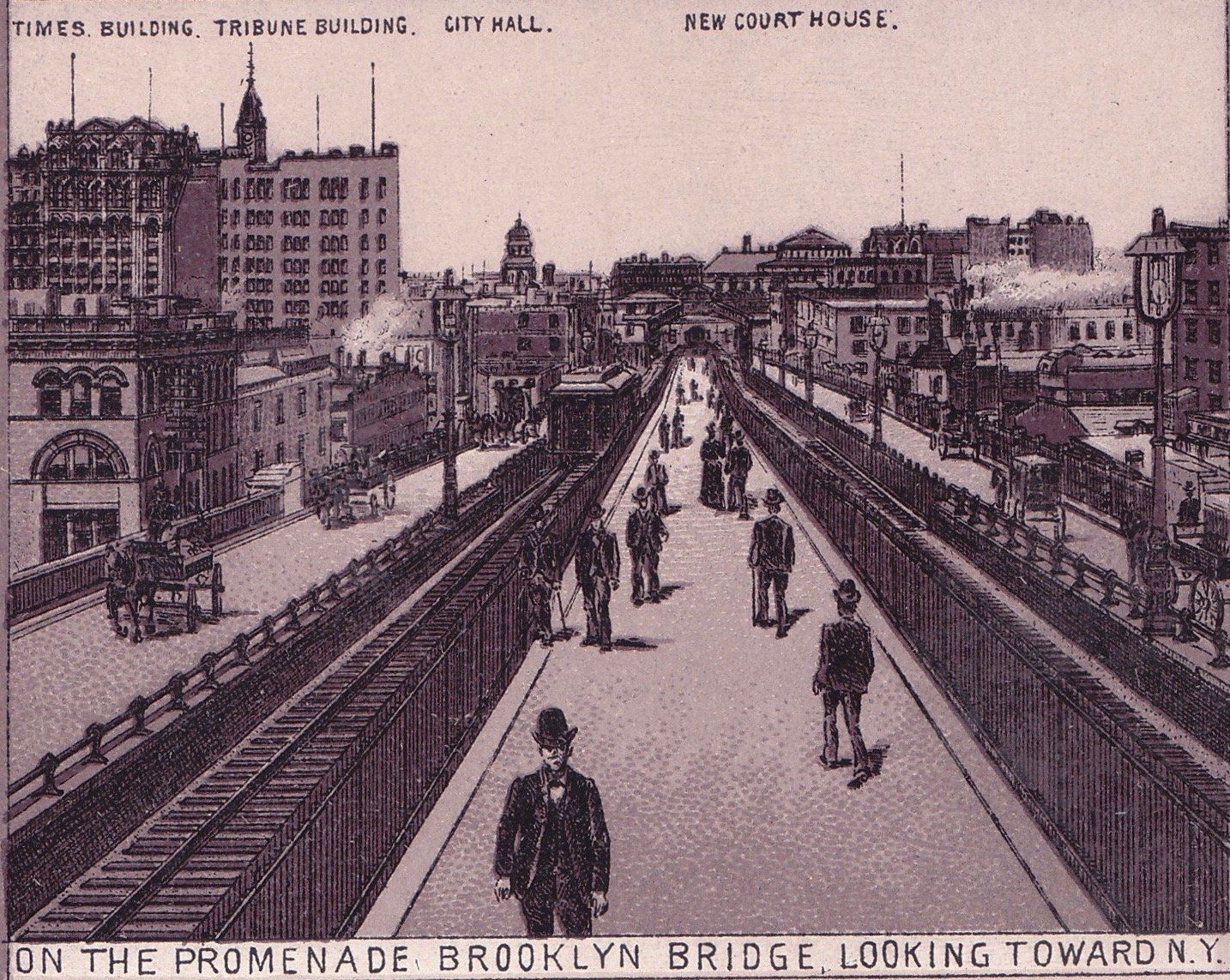 ON THE PROMENADE BROOKLYN BRIDGE, LOOKING TOWARD N. Y.  TIMES BUILDING.  TRIBUNE BUILDING.  CITY HALL.  NEW COURT HOUSE.