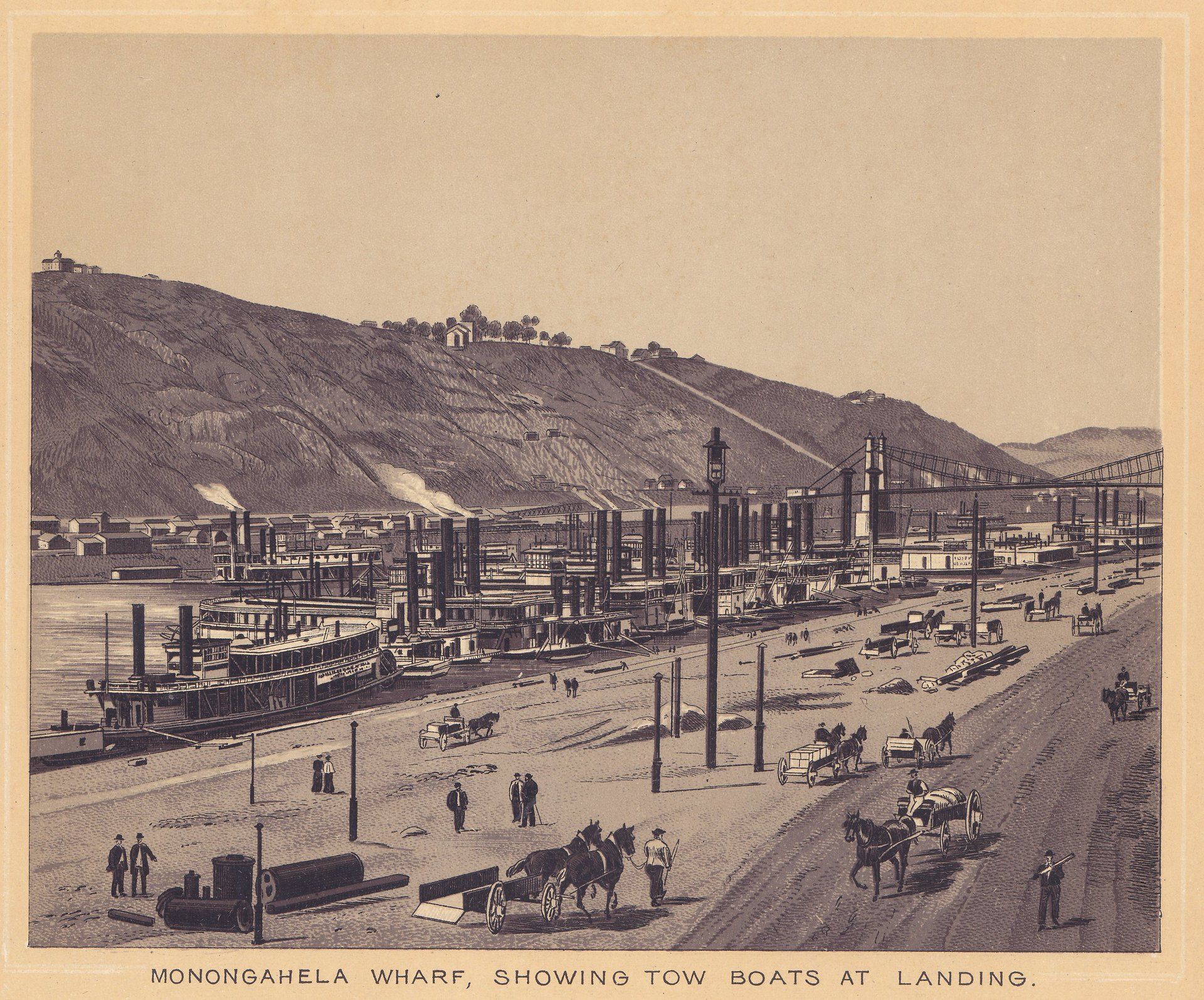 MONONGAHELA WHARF, SHOWING TOW BOATS AT LANDING.