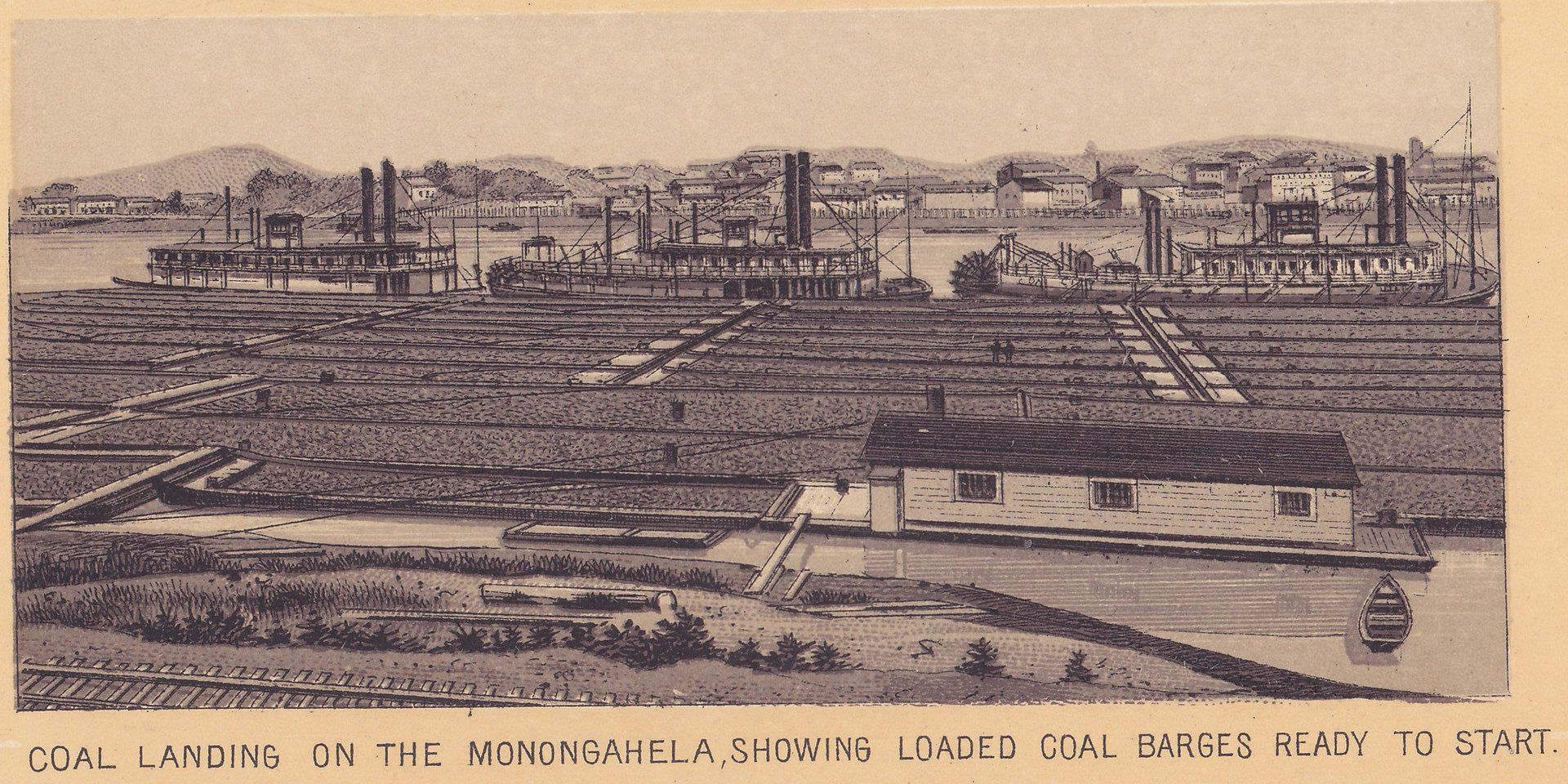 COAL LANDING ON THE MONONGAHELA, SHOWING LOADED COAL BARGES READY TO START.