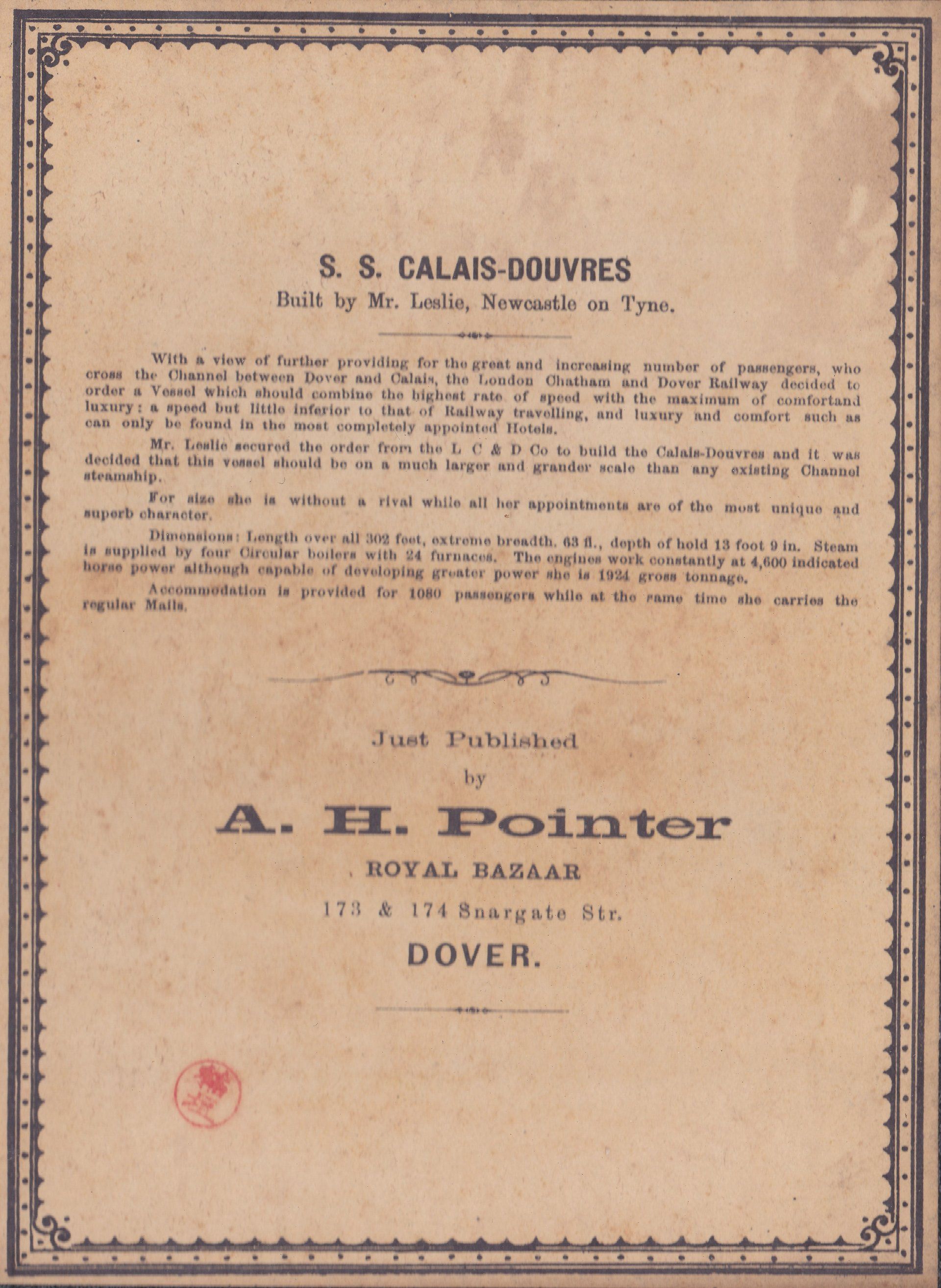 S. S. CALAIS-DOUVRES Built by Mr. Leslie, Newcastle on Tyne.  Just published by A. H. Pointer ROYAL BAZAR  173 & 174 Snargate Str. Dover