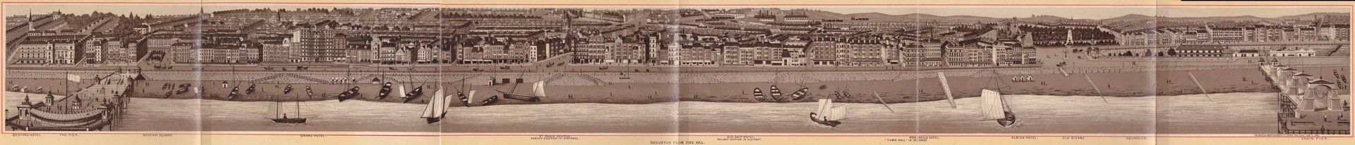BEDFORD HOTEL.  THE PIER.  REGENCY SQUARE.  GRAND HOTEL.  ST. PAULS CHURCH.  PARISH CHURCH IN DISTANCE.  BRIGHTON FROM THE SEA.  OLD SHIP HOTEL.  RAILWAY STATION IN DISTANCE.  MARRWELLS HOTEL.  “TOWN HALL” IN DISTANCE.  CHAIR PIER.    CHARLES, REYMONDS & Co. ENT. STA. HALL.  MAY 7. 1882.