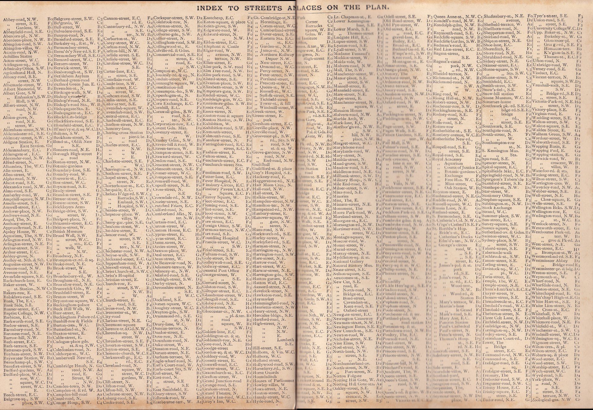 INDEX TO STEETS AND PLACES ON THE PLAN.