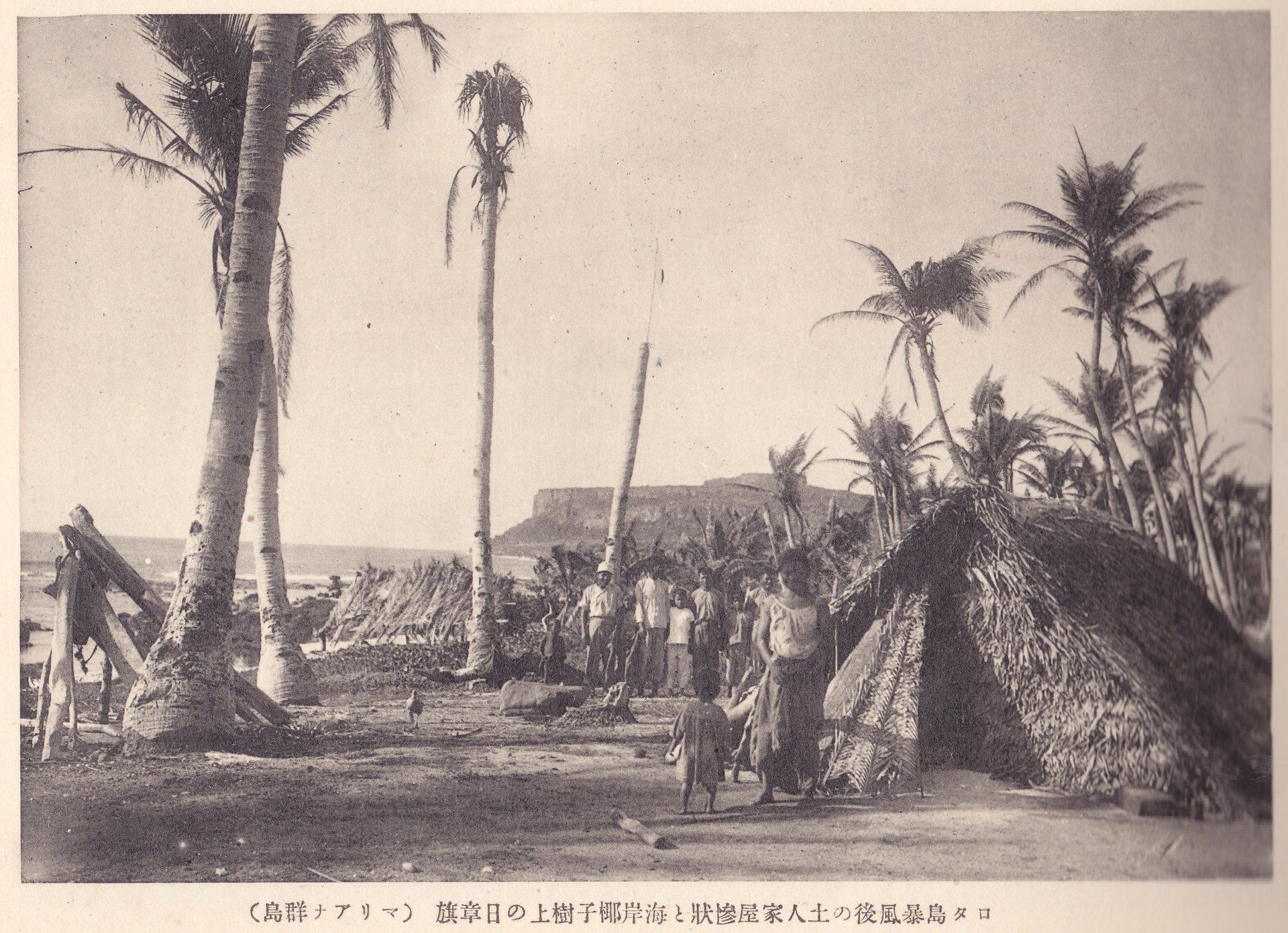 ロタ島暴風後の土人家屋惨狀と海岸椰子樹上の日章旗（マリアナ群島）