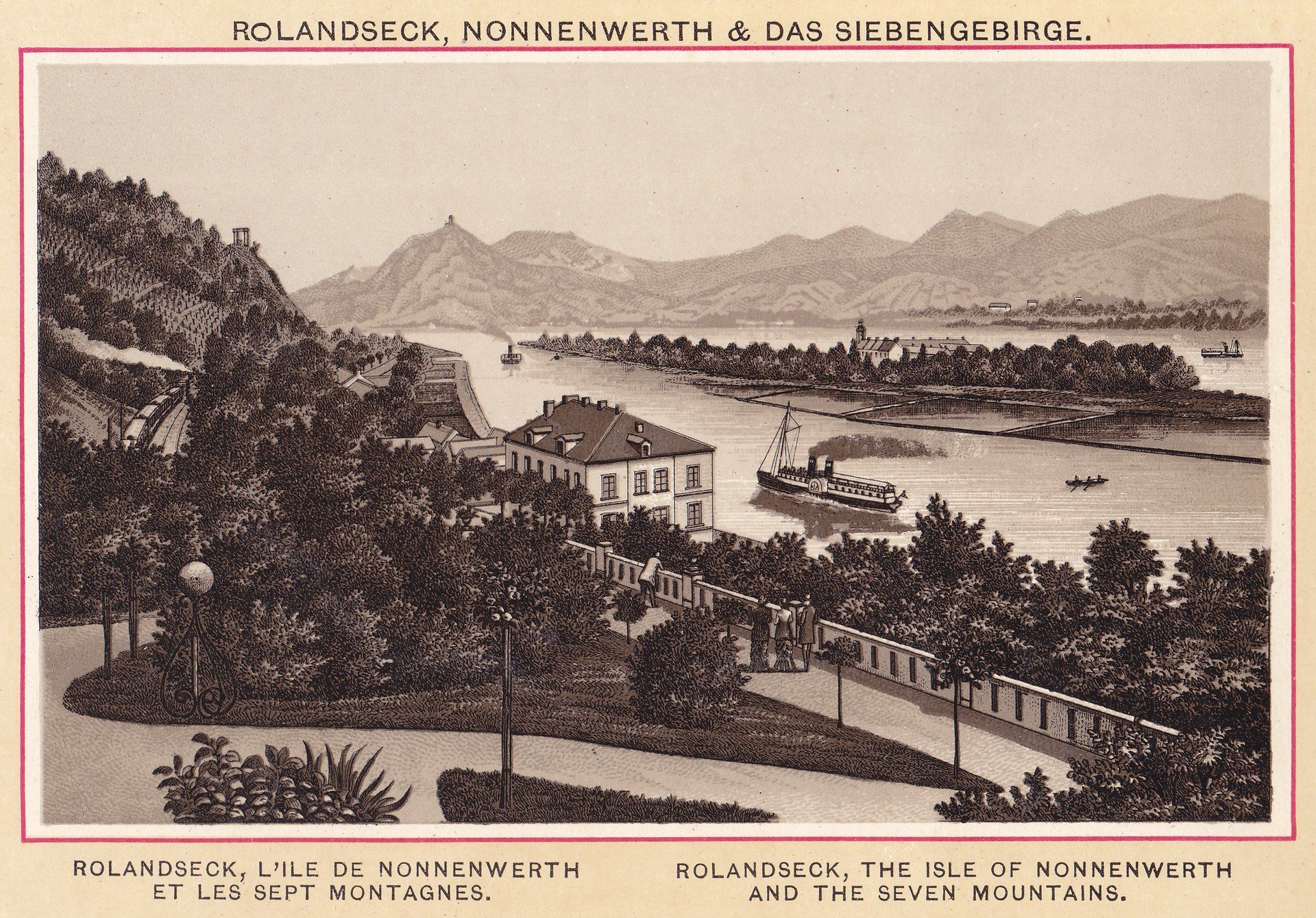 ROLANDSECK, NONNENWERTH & DAS SIEBENGEBIRGE. ROLANDSECK, L'ILE DE NONNENWERTH ET LES SEPT MONTAGNES. ROLANDSECK, THE ISLE OF NONNEWERTH AND THE SEVEN MOUNTAINS.