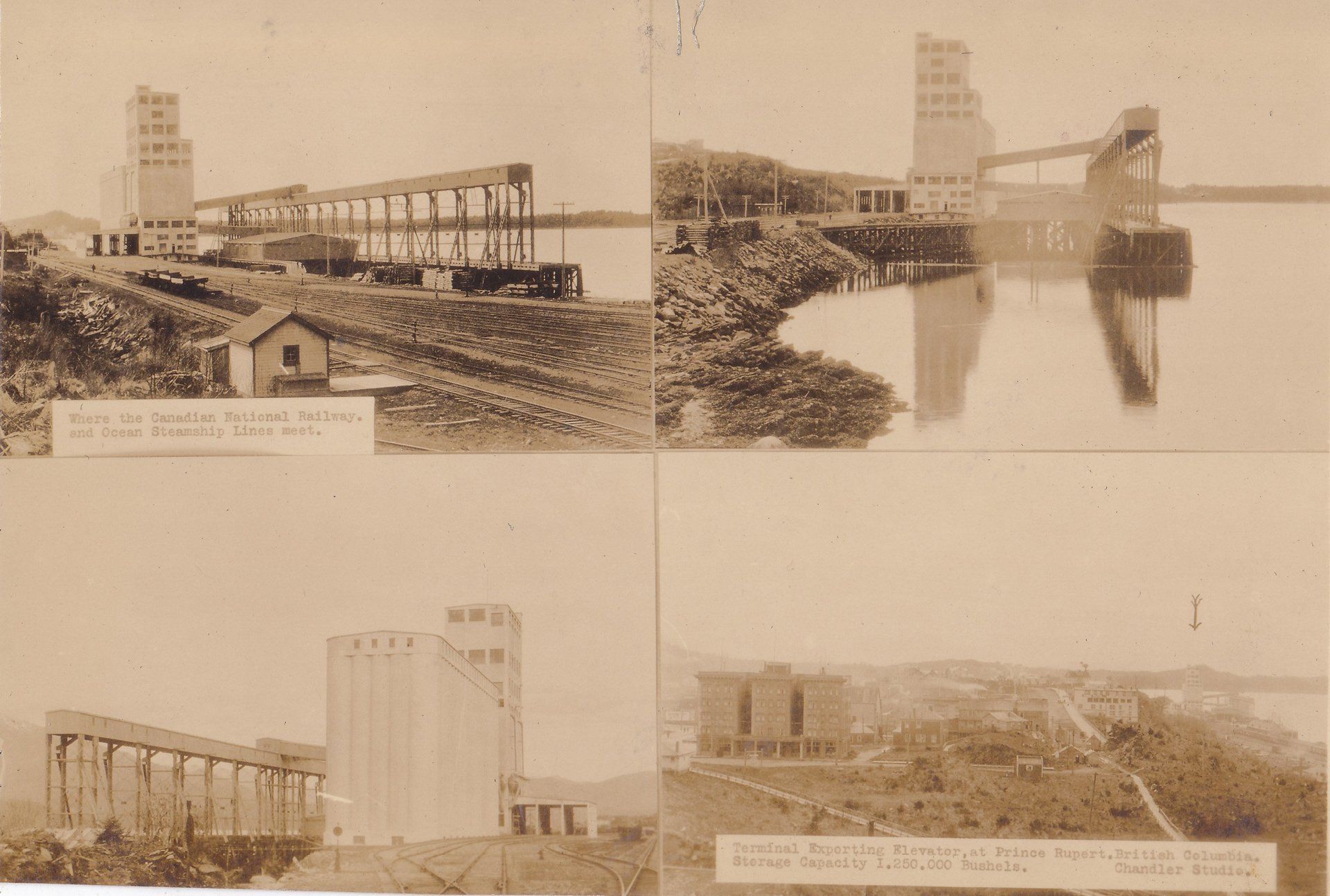 Where the Canadian National Railway. and Ocean Steamship Lines meet. Terminal Exporting Elevator, at Prince Rupert. British Columbia. Storage Capacity 1,250,000 Bushels. Chandler Studio.