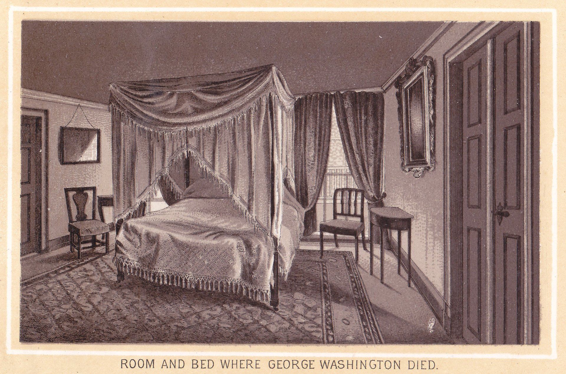 ROOM AND BED WHERE GEORGE WASHINGTON DIED.