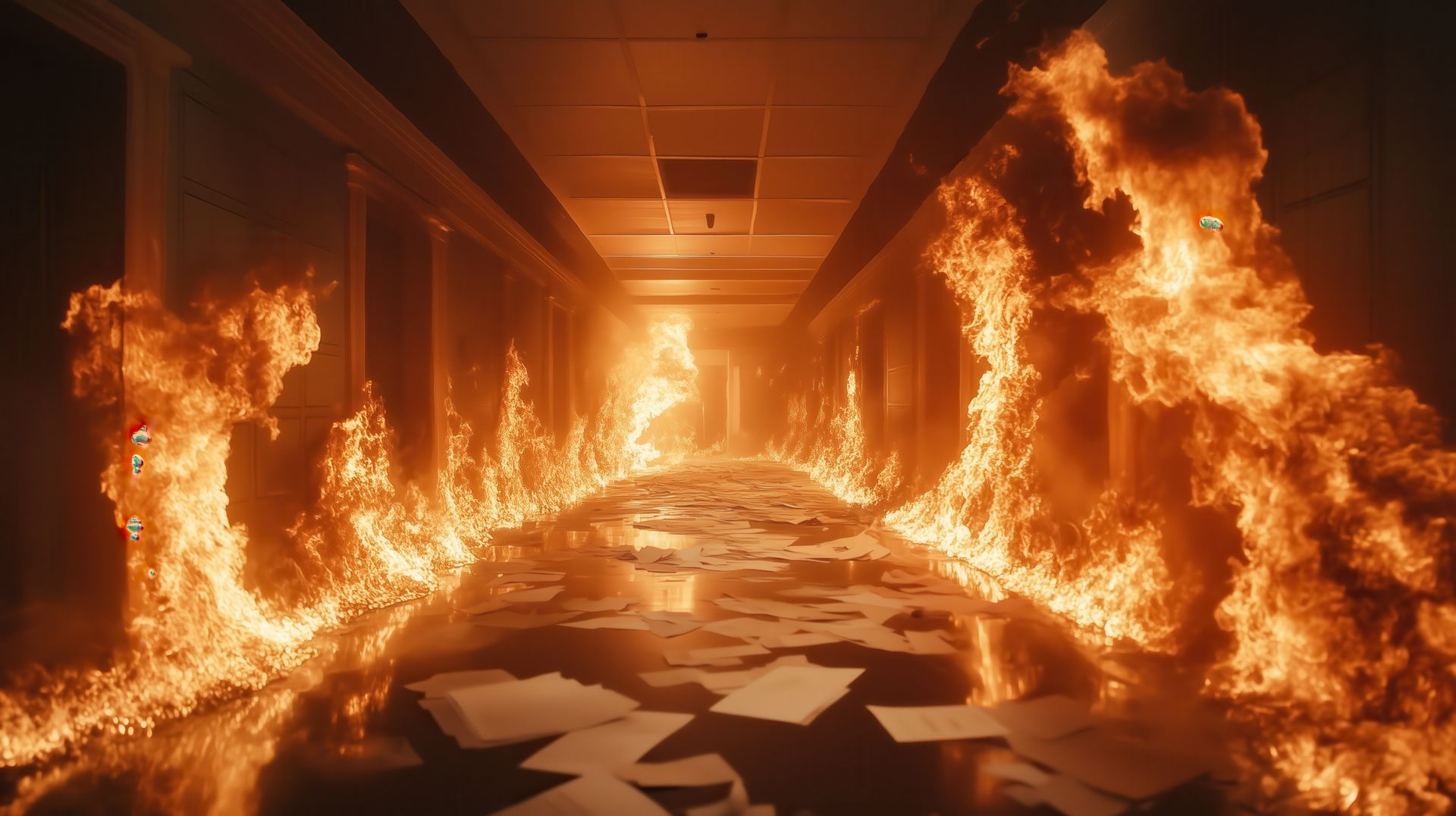 Un couloir rempli de beaucoup de feu et de papiers sur le sol.